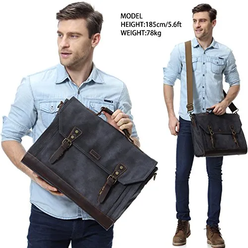 17 inch Laptop Messenger Bag,Vaschy Vintage Waxed Canvas Leather Water Resistant Mens Satchel Briefcase Bag Business Shoulder Bag Gray