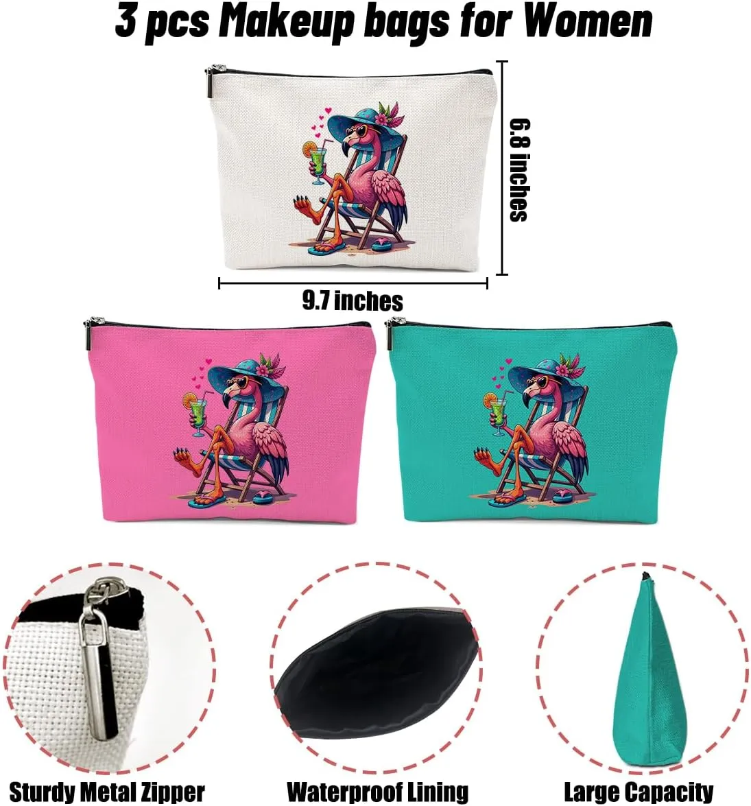 3 Pack Beach Summer Whimsical Bird Flamingo Gifts Makeup Bag, Travel Essentials Cosmetic Bags for Women Coworker Girl Trip, Travel Toiletry Bag for Graduation Birthday Christmas Girls Weekend Vacation