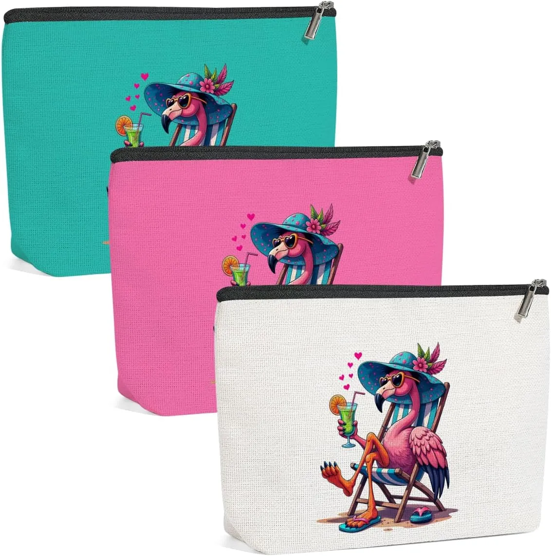 3 Pack Beach Summer Whimsical Bird Flamingo Gifts Makeup Bag, Travel Essentials Cosmetic Bags for Women Coworker Girl Trip, Travel Toiletry Bag for Graduation Birthday Christmas Girls Weekend Vacation