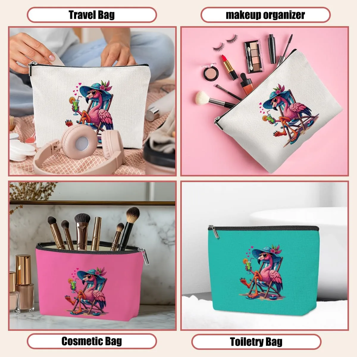 3 Pack Beach Summer Whimsical Bird Flamingo Gifts Makeup Bag, Travel Essentials Cosmetic Bags for Women Coworker Girl Trip, Travel Toiletry Bag for Graduation Birthday Christmas Girls Weekend Vacation
