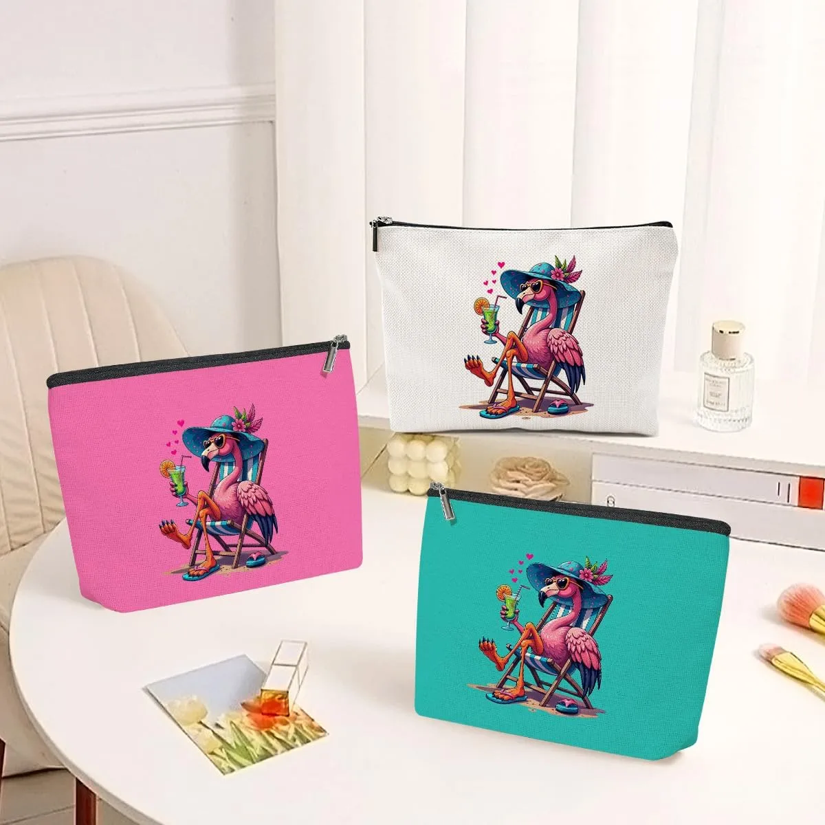 3 Pack Beach Summer Whimsical Bird Flamingo Gifts Makeup Bag, Travel Essentials Cosmetic Bags for Women Coworker Girl Trip, Travel Toiletry Bag for Graduation Birthday Christmas Girls Weekend Vacation