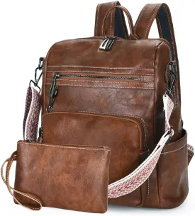 Backpack Purse for Women Large School Ladies Backpack Vegan PU Leather Rucksack Anti-theft Fashion Vintage Boho Casual Waterproof Shoulder Daypack Bags for Travel Work with Guitar Strap, Brown