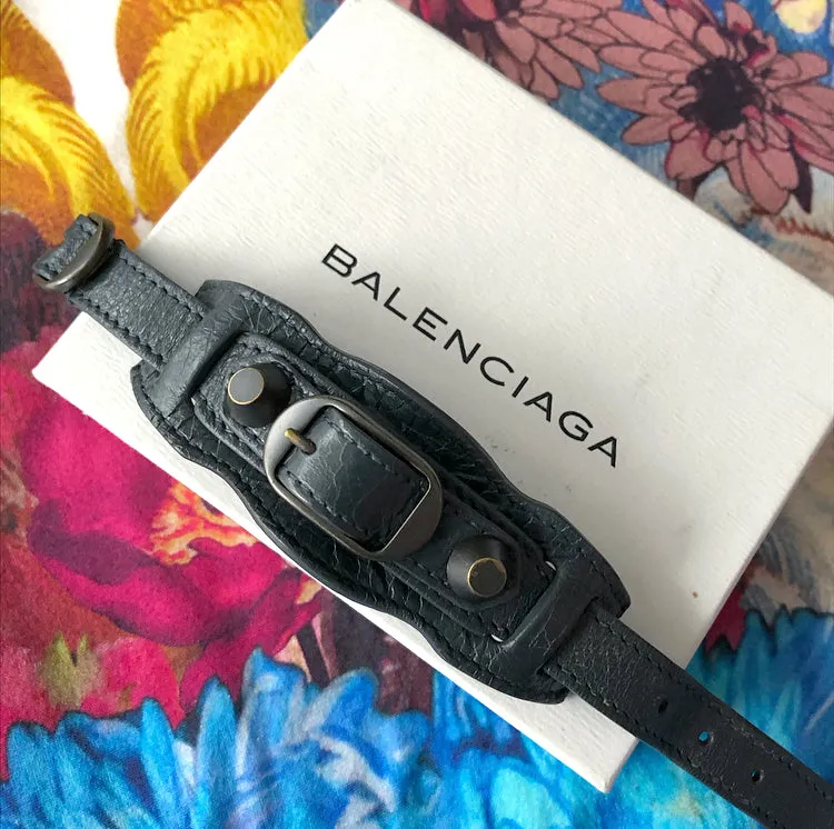 Balenciaga Dark Charcoal Grey Leather Cuff Bracelet