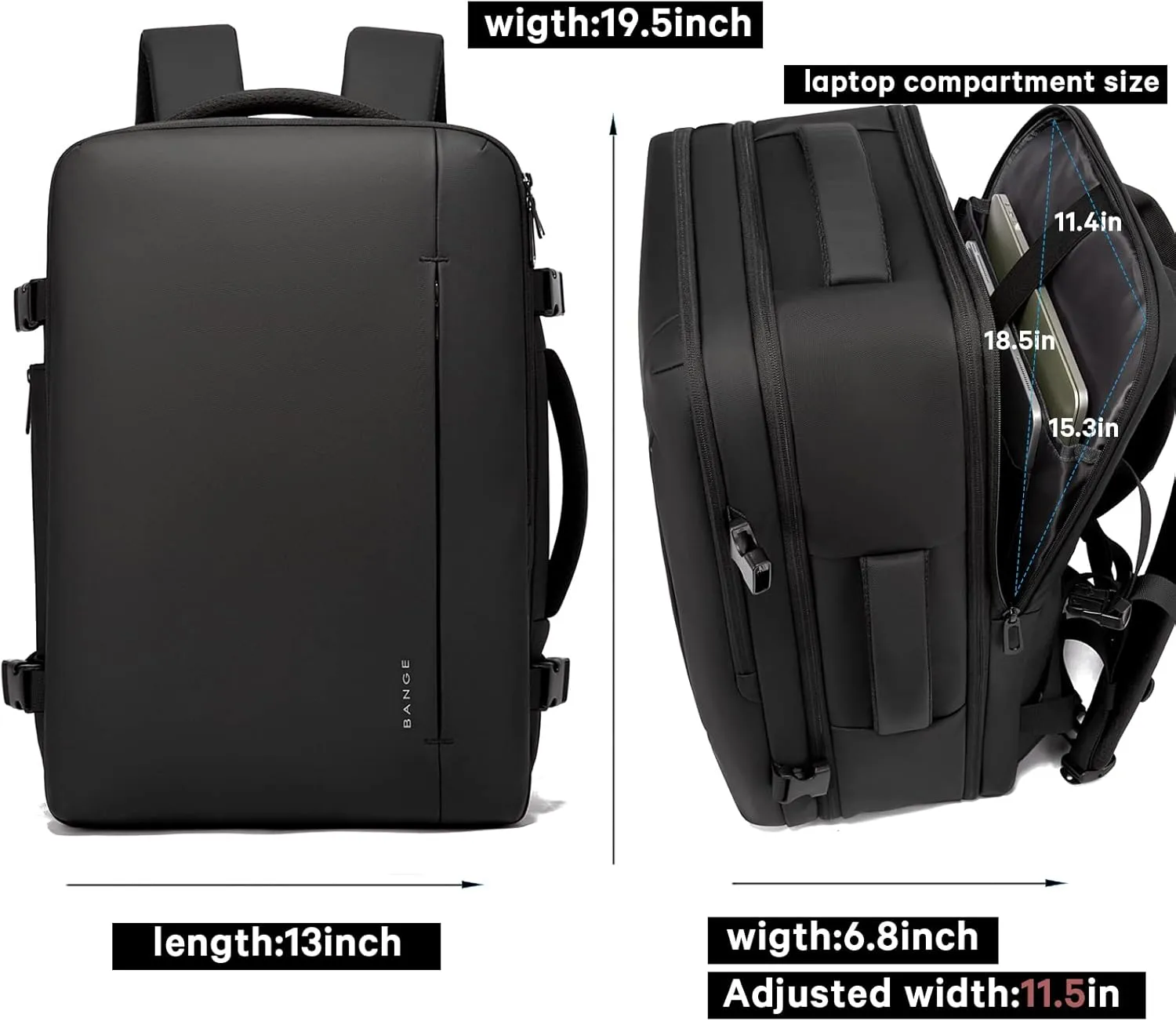 BANGE 45L Men's Expandable Travel Backpack, Men's Laptop Backpack for 17.3Inch Laptop, Carry On Backpack Fits Under Seat Airline Approved, Personal Item Travel Bag for Men