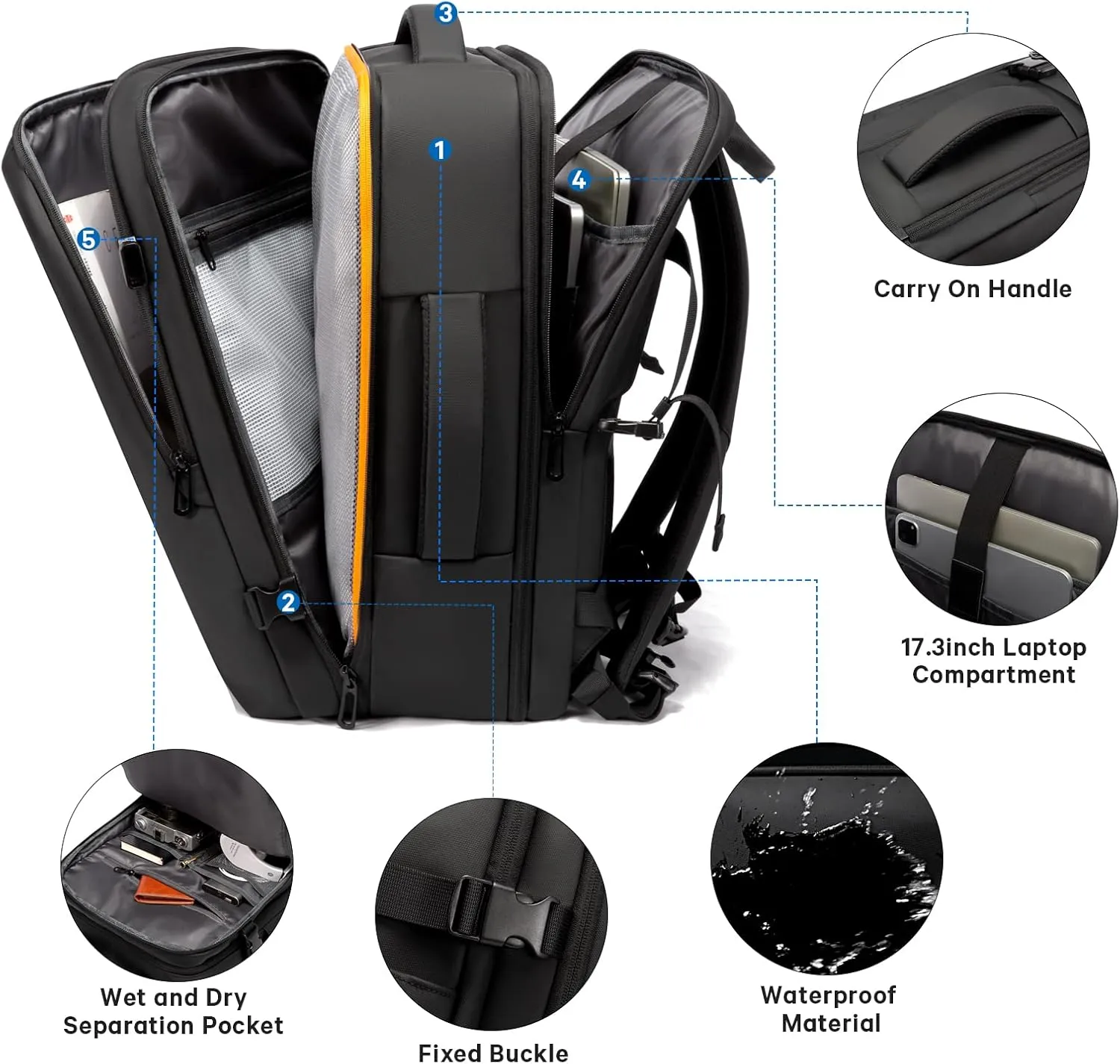 BANGE 45L Men's Expandable Travel Backpack, Men's Laptop Backpack for 17.3Inch Laptop, Carry On Backpack Fits Under Seat Airline Approved, Personal Item Travel Bag for Men