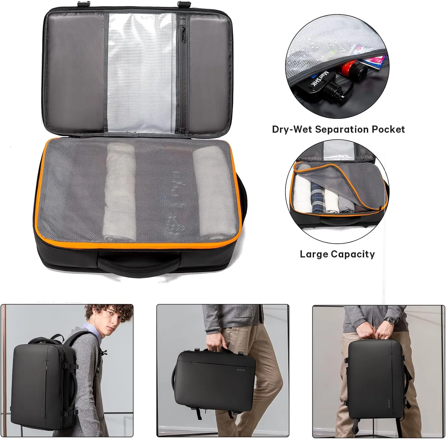 BANGE 45L Men's Expandable Travel Backpack, Men's Laptop Backpack for 17.3Inch Laptop, Carry On Backpack Fits Under Seat Airline Approved, Personal Item Travel Bag for Men