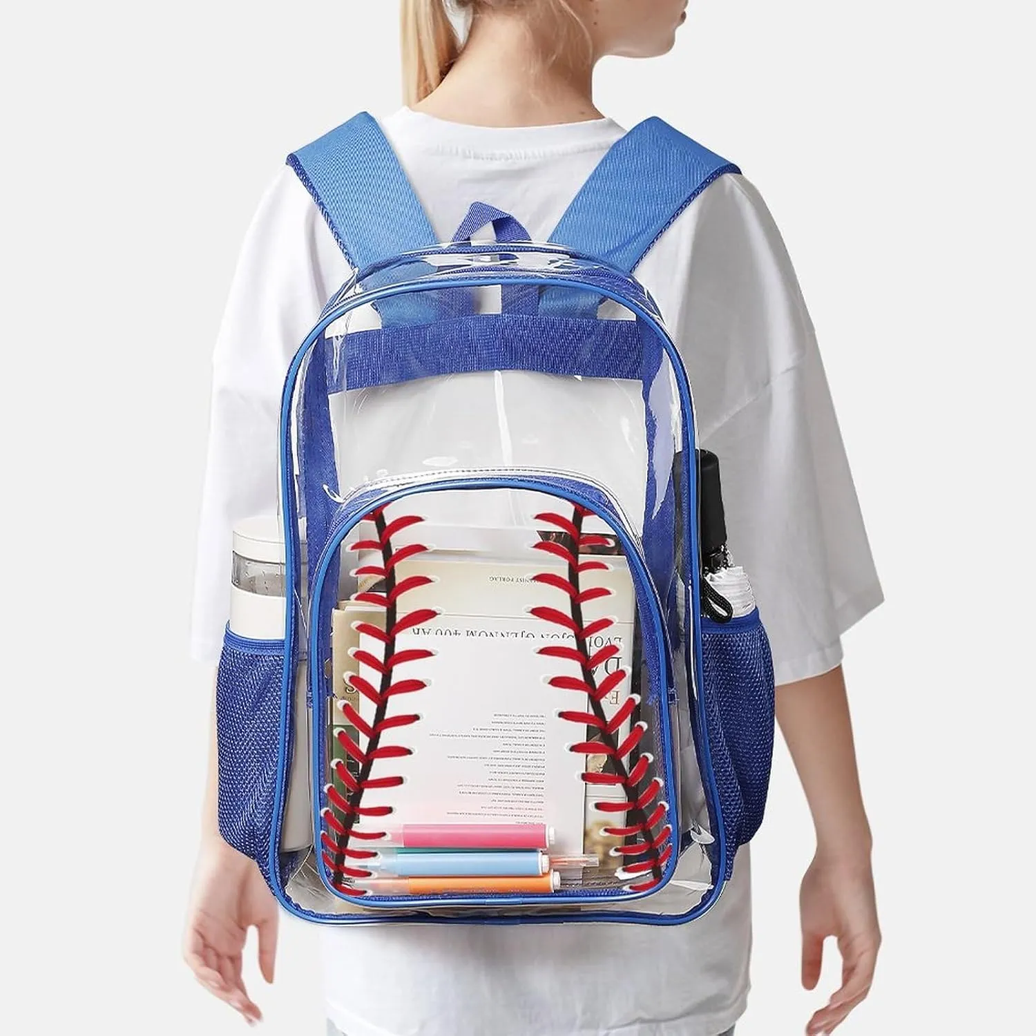 Baseball Clear Backpack Heavy Duty for Girls Kids Boys Women Men - PVC Baseball Printing Transparent Backpack for Schools Stadium Concerts Work - Clear/Blue