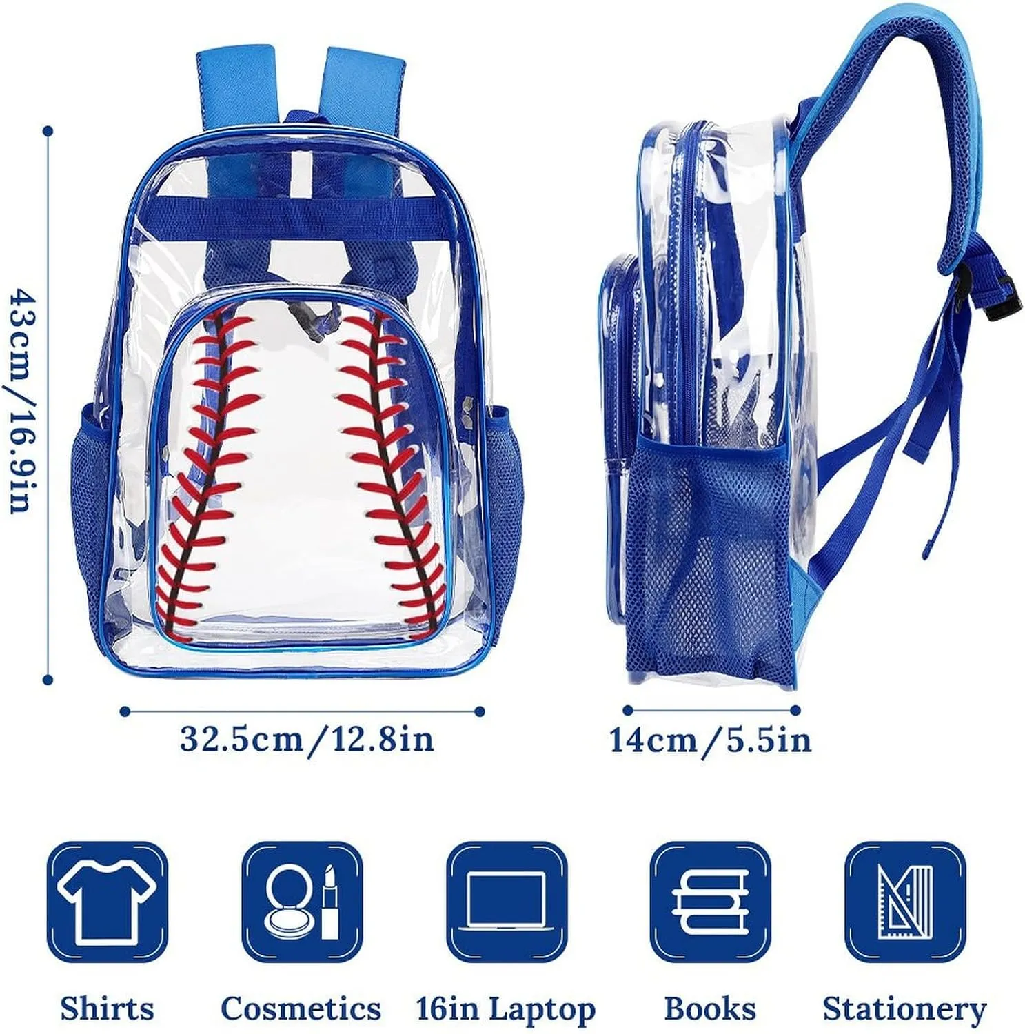 Baseball Clear Backpack Heavy Duty for Girls Kids Boys Women Men - PVC Baseball Printing Transparent Backpack for Schools Stadium Concerts Work - Clear/Blue
