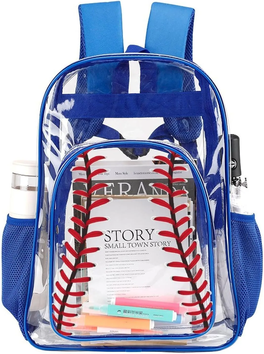 Baseball Clear Backpack Heavy Duty for Girls Kids Boys Women Men - PVC Baseball Printing Transparent Backpack for Schools Stadium Concerts Work - Clear/Blue