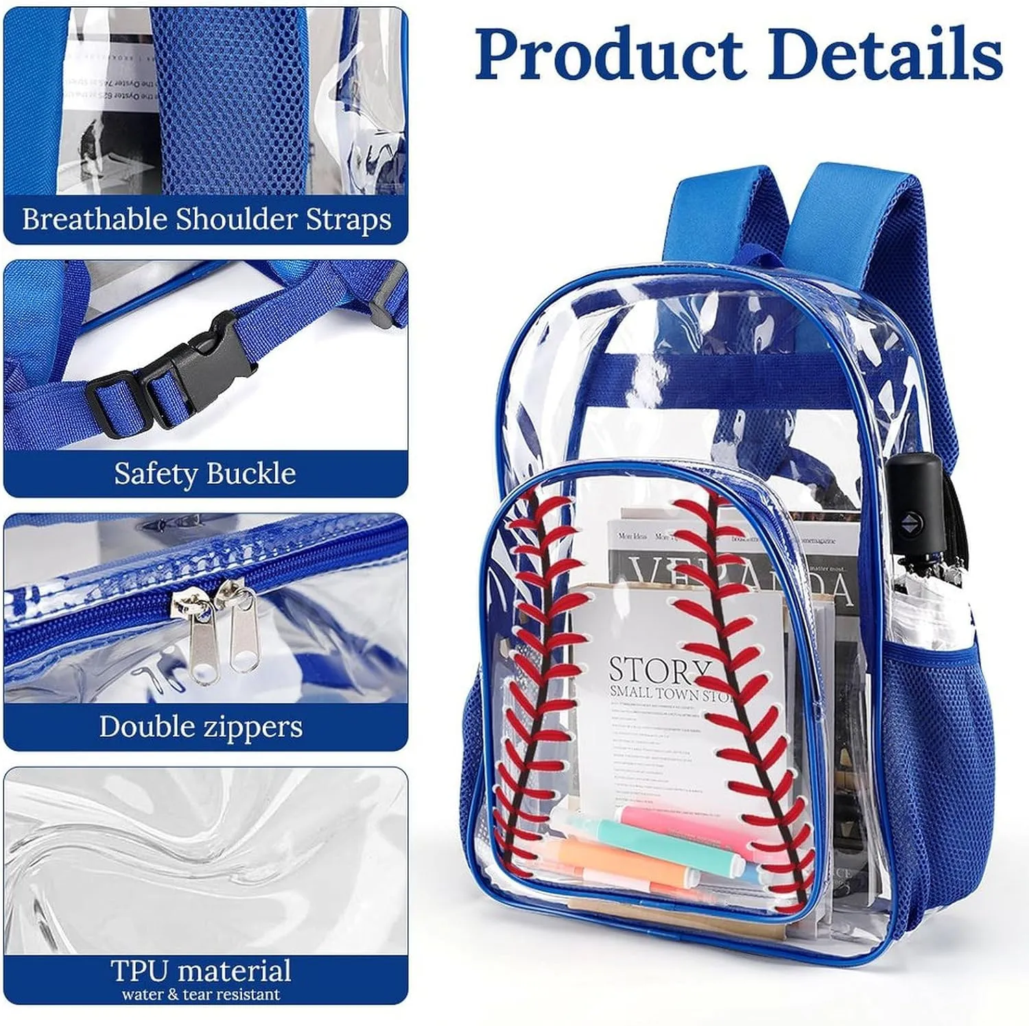Baseball Clear Backpack Heavy Duty for Girls Kids Boys Women Men - PVC Baseball Printing Transparent Backpack for Schools Stadium Concerts Work - Clear/Blue
