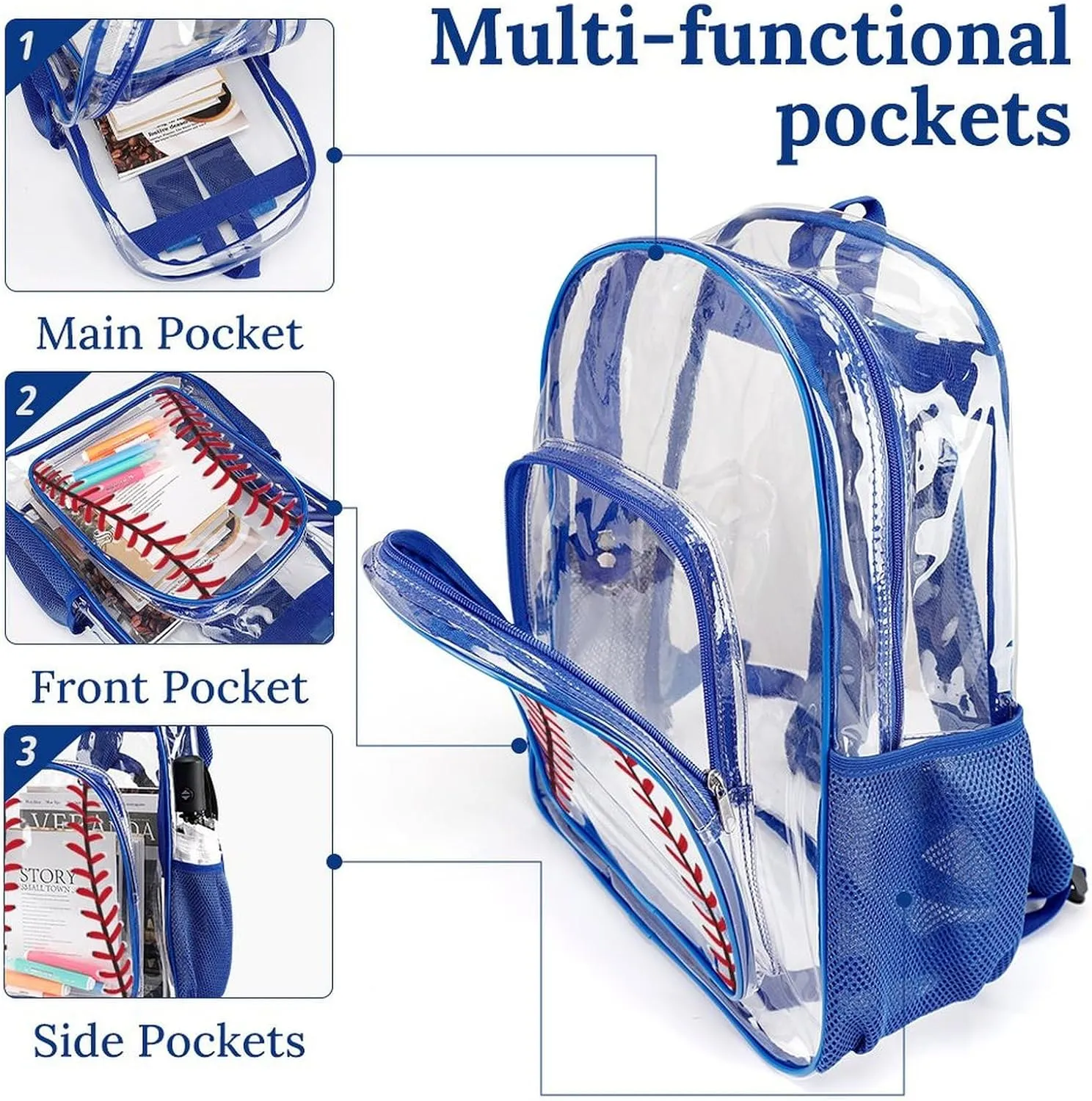 Baseball Clear Backpack Heavy Duty for Girls Kids Boys Women Men - PVC Baseball Printing Transparent Backpack for Schools Stadium Concerts Work - Clear/Blue