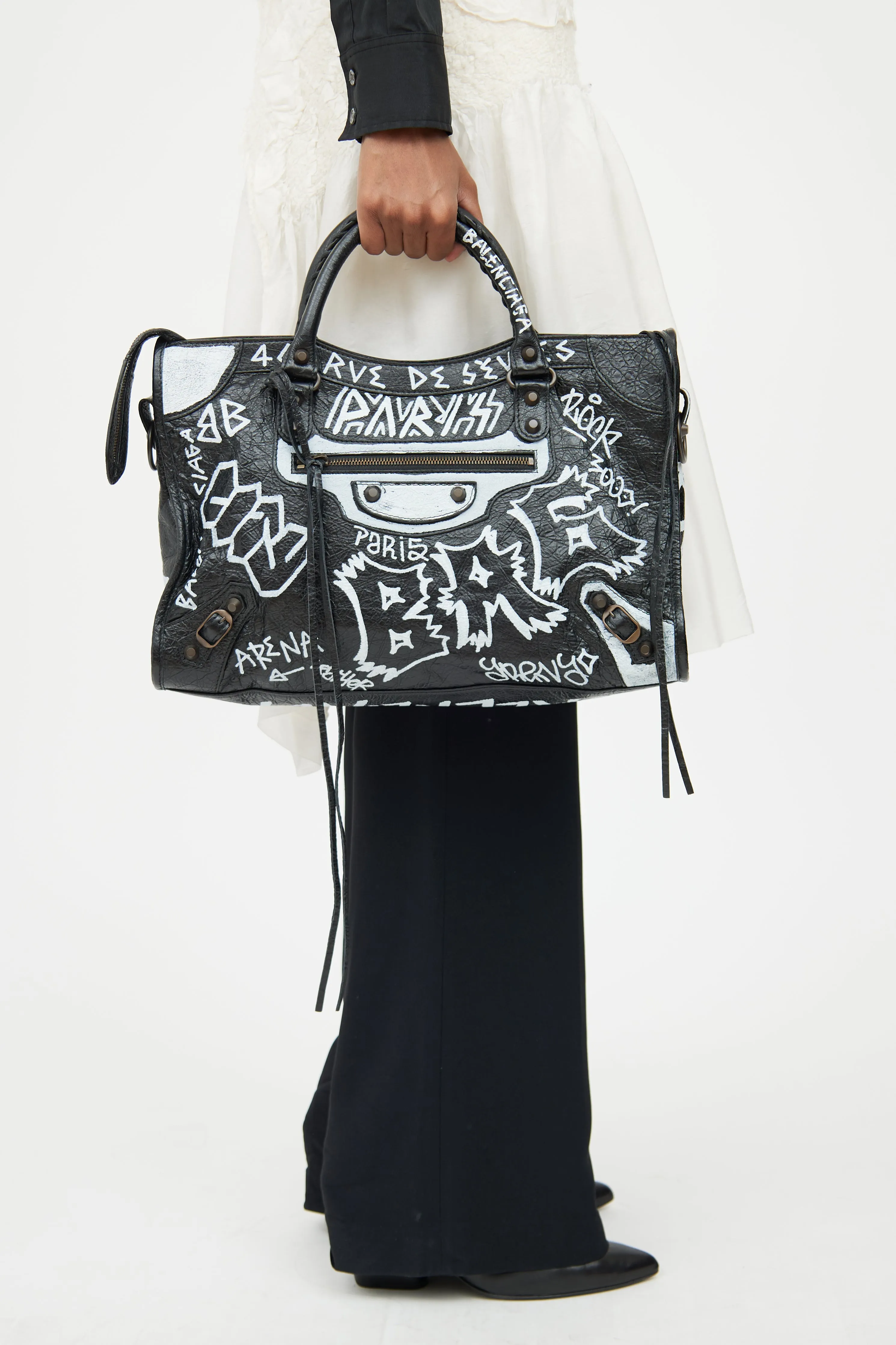 Black & White Leather City Graffiti Bag