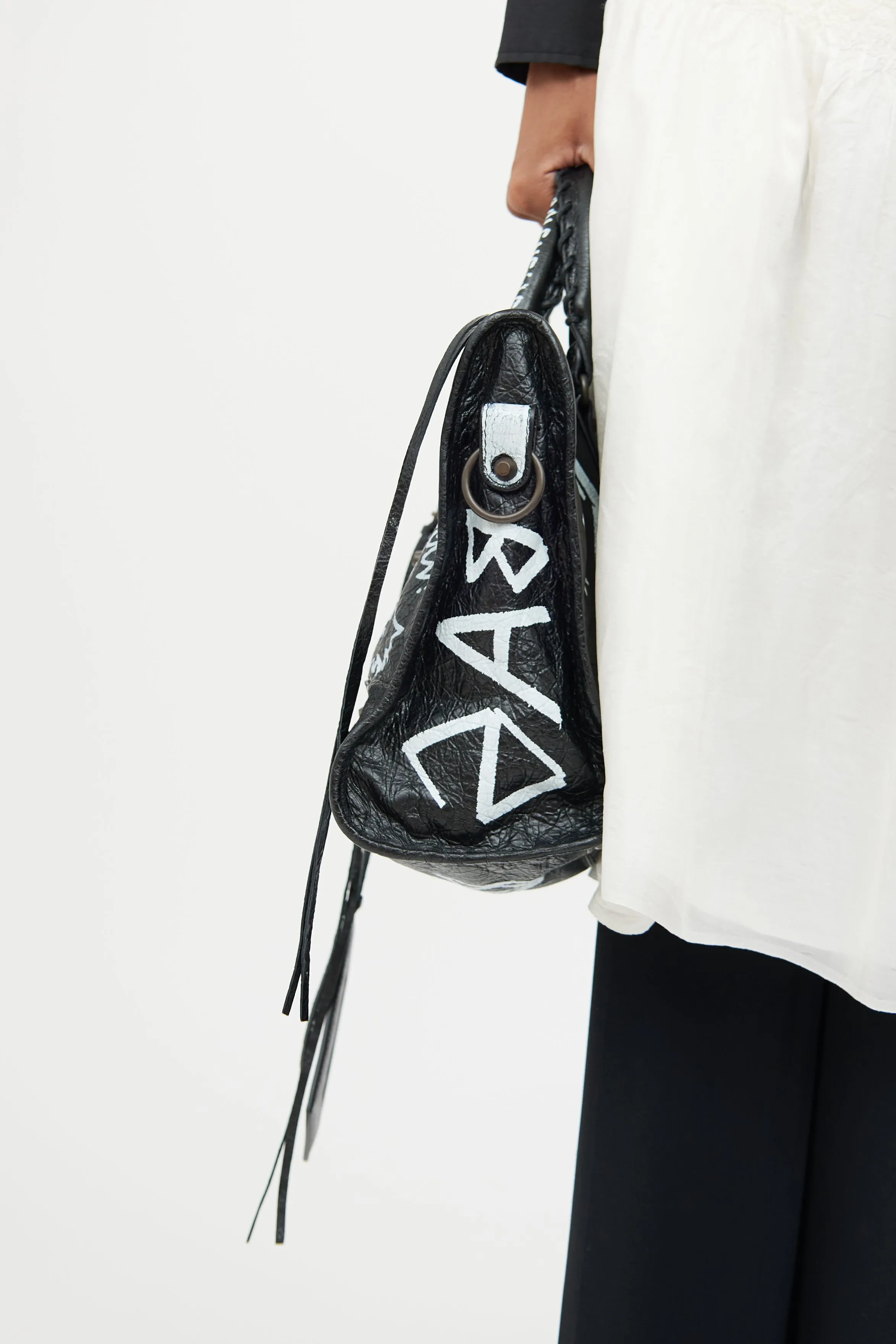 Black & White Leather City Graffiti Bag