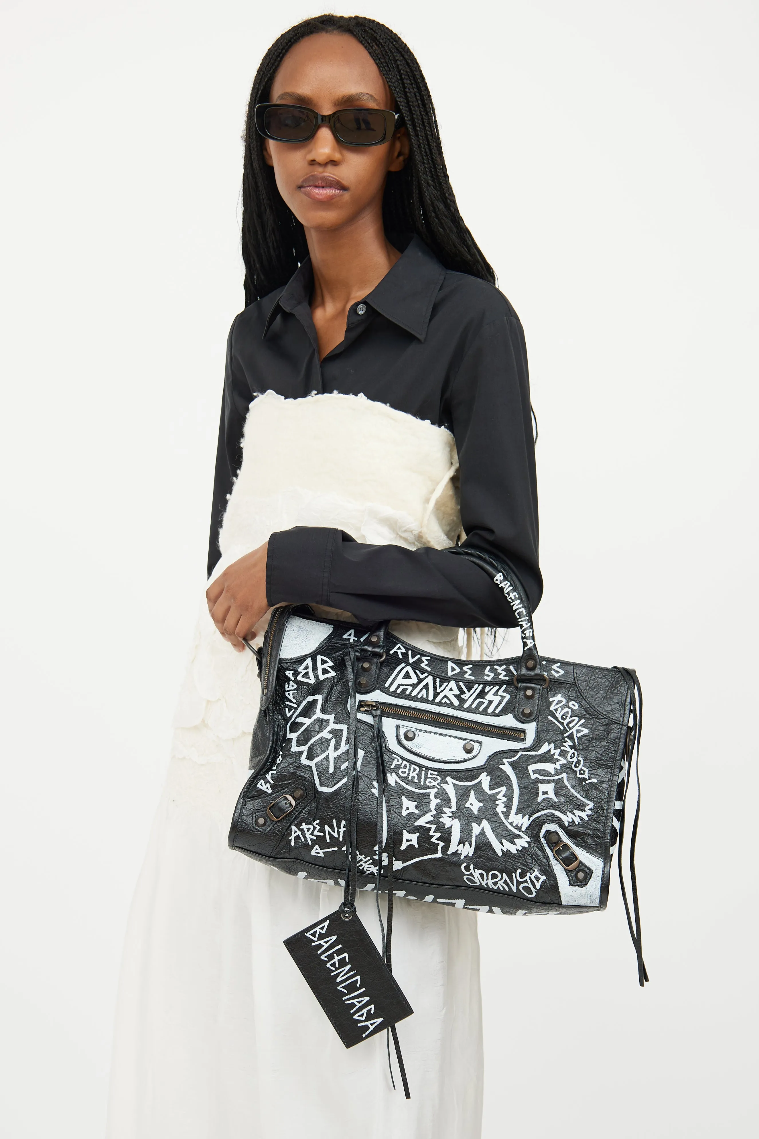 Black & White Leather City Graffiti Bag