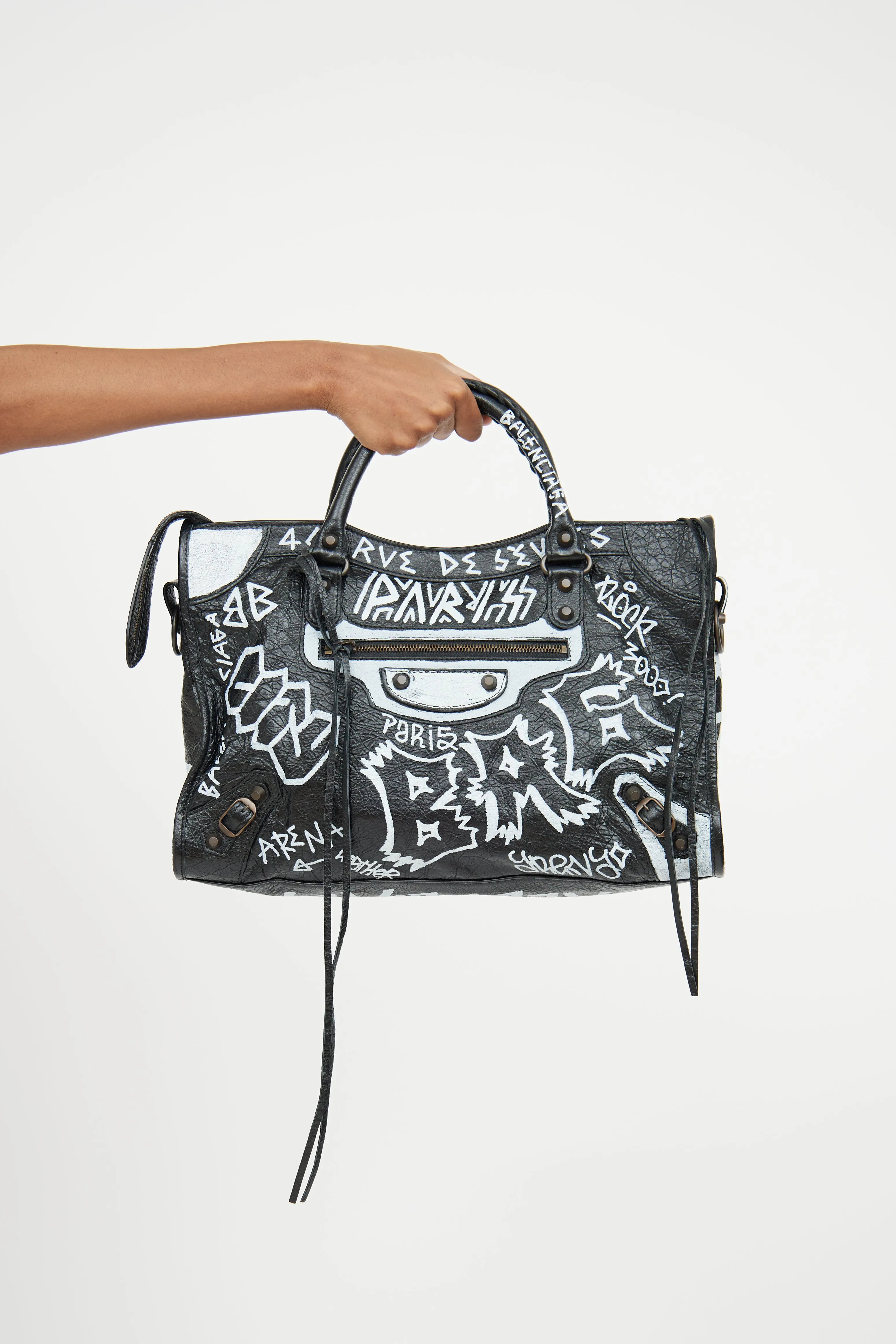 Black & White Leather City Graffiti Bag