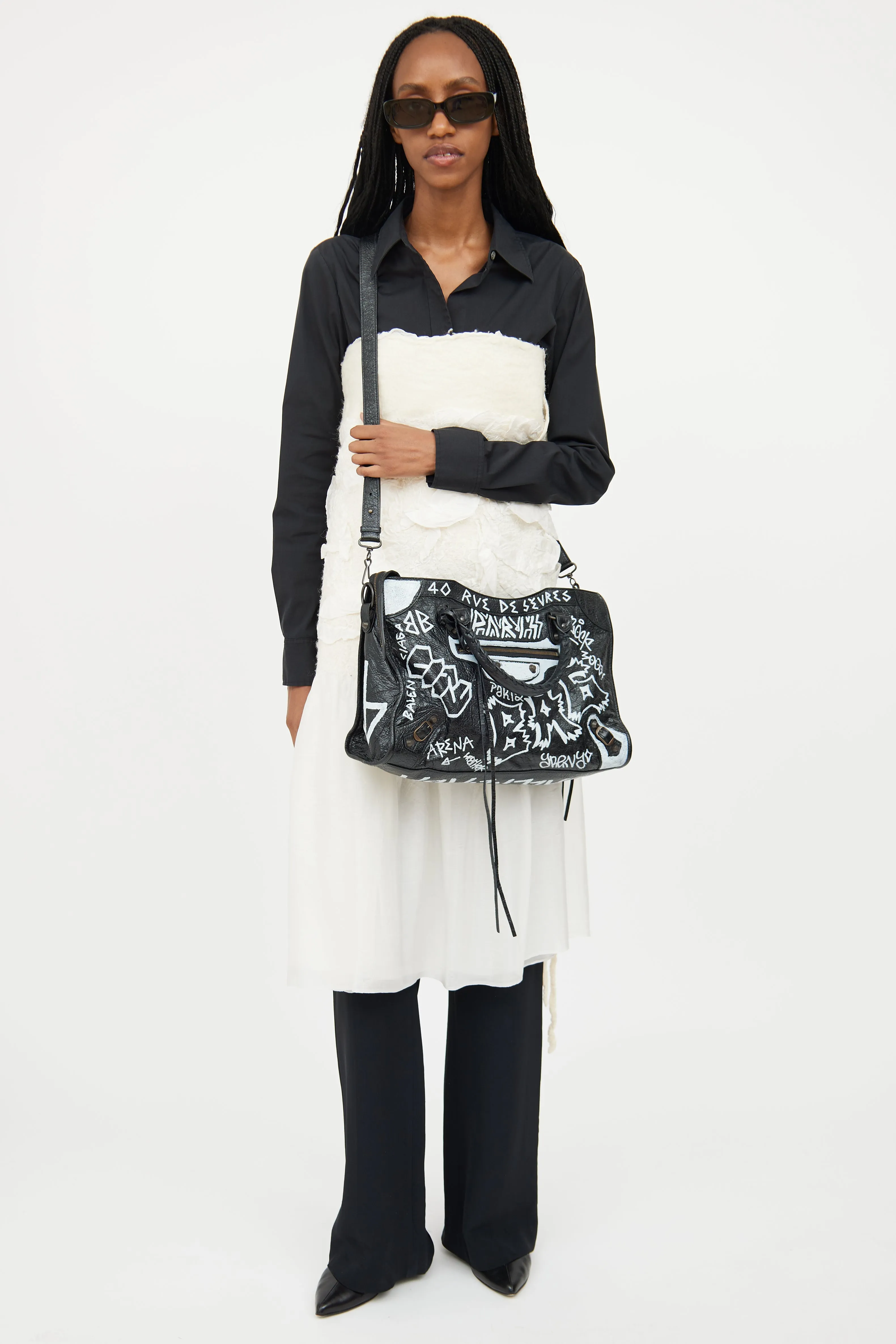 Black & White Leather City Graffiti Bag