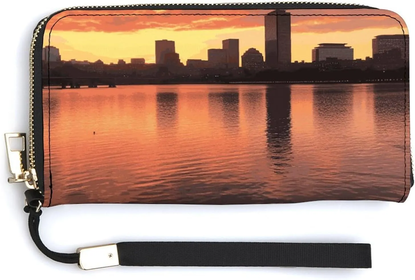 Boston Charles River City Skyline Sunset Leather Wallets Zip Around Clutch Bag Ladies Credit Card Holder Clutch Purse for Women