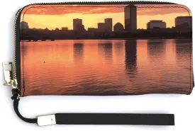Boston Charles River City Skyline Sunset Leather Wallets Zip Around Clutch Bag Ladies Credit Card Holder Clutch Purse for Women