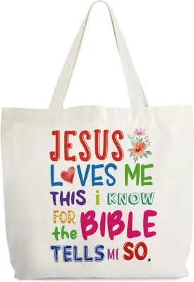 Christian Canvas Tote Bag for Women, Jesus Loves Me Bible Tote, Bible Verse Religious Gift Bag, Scripture Library Book Bag, Shoulder Bag Christian Gifts for Women Friends Colleagues -02