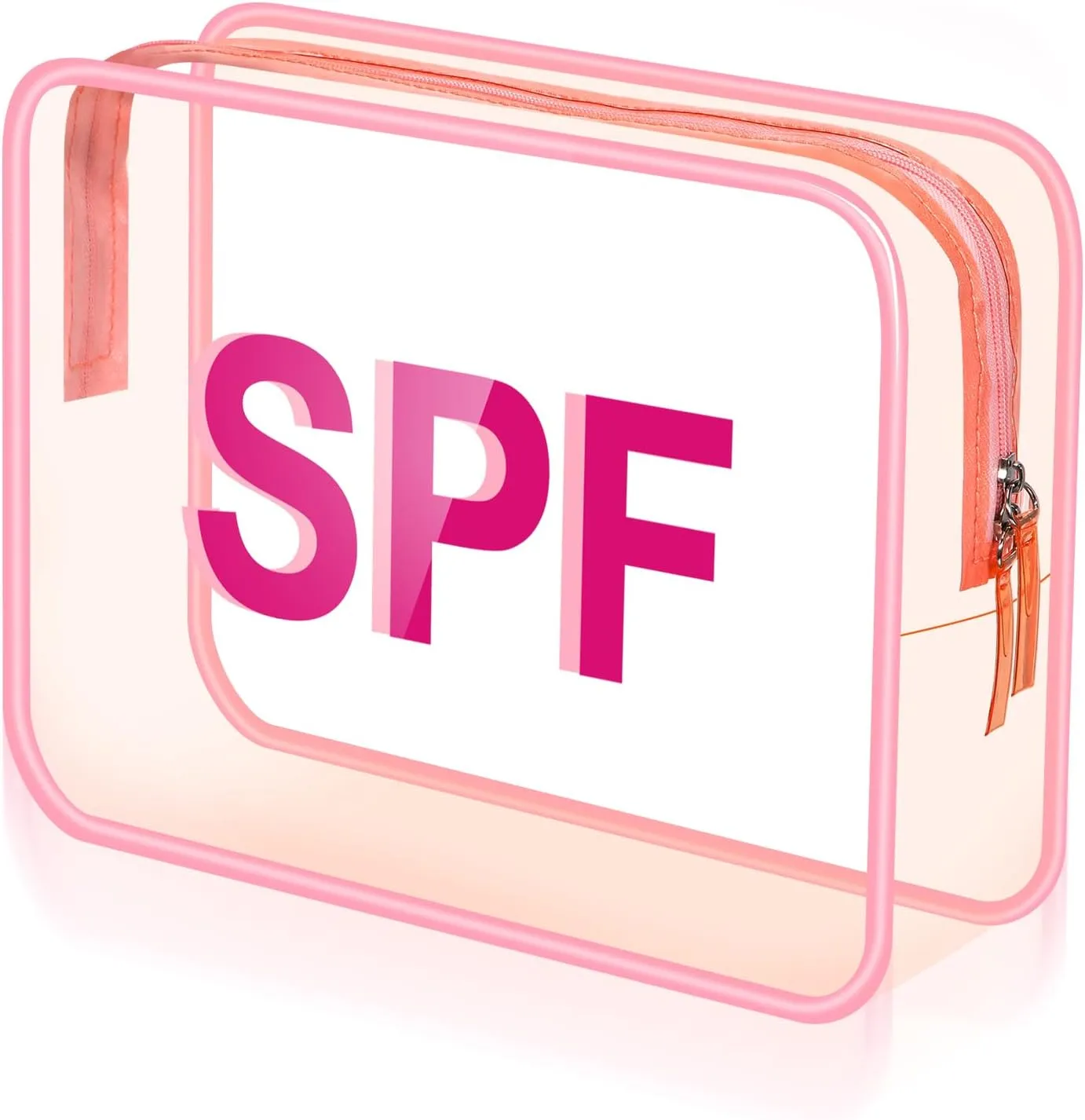 Clear Makeup Bag 9.4"x7"x3.5" Pink Travel Toiletry Bag Large Cosmetic Pouch PVC Waterproof Transparent Zippered Organizer for Women Girl Summer Beach(Spf)