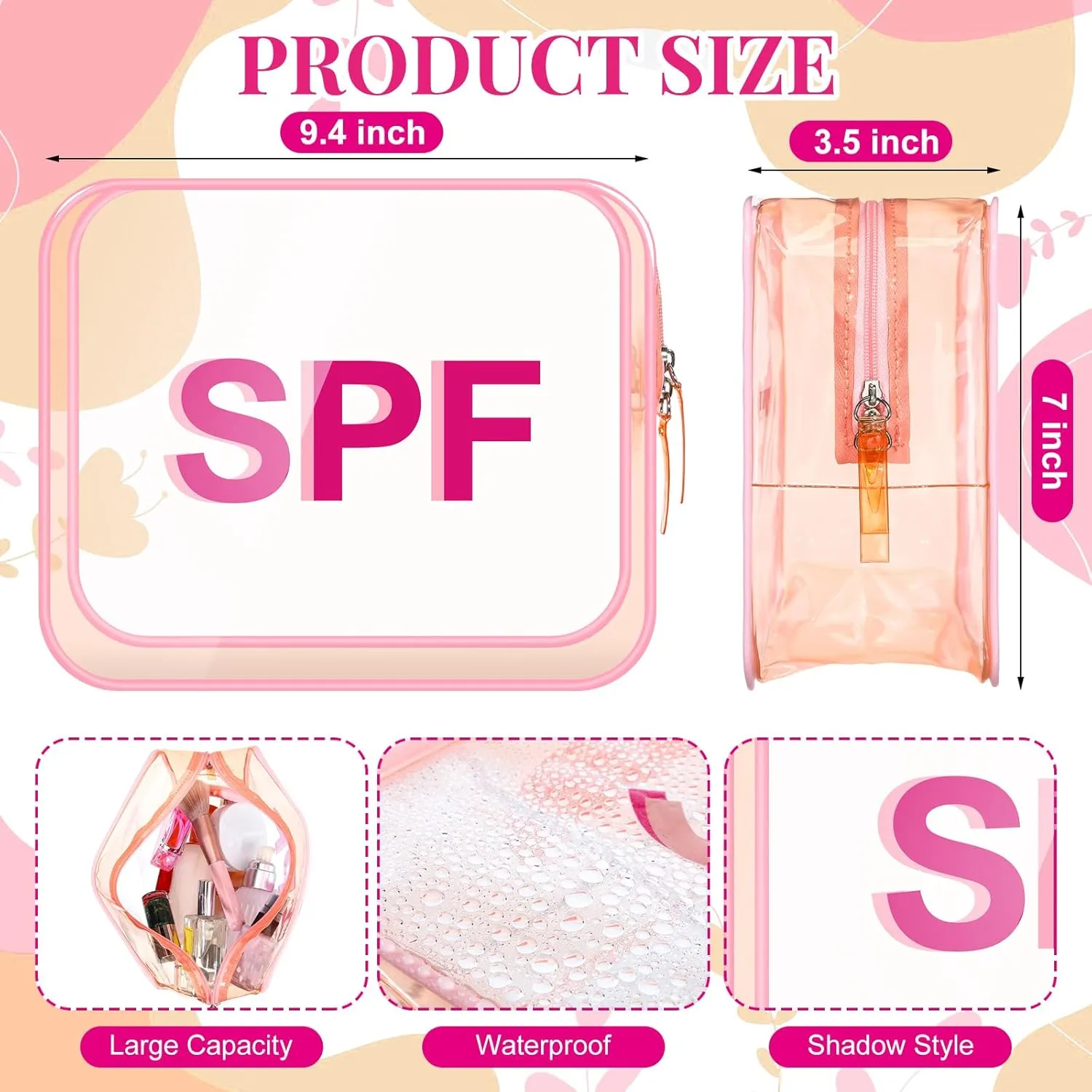 Clear Makeup Bag 9.4"x7"x3.5" Pink Travel Toiletry Bag Large Cosmetic Pouch PVC Waterproof Transparent Zippered Organizer for Women Girl Summer Beach(Spf)