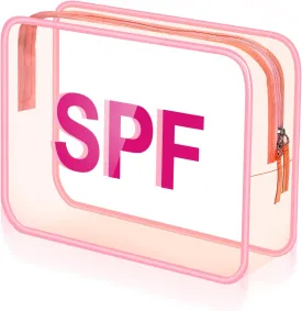 Clear Makeup Bag 9.4"x7"x3.5" Pink Travel Toiletry Bag Large Cosmetic Pouch PVC Waterproof Transparent Zippered Organizer for Women Girl Summer Beach(Spf)