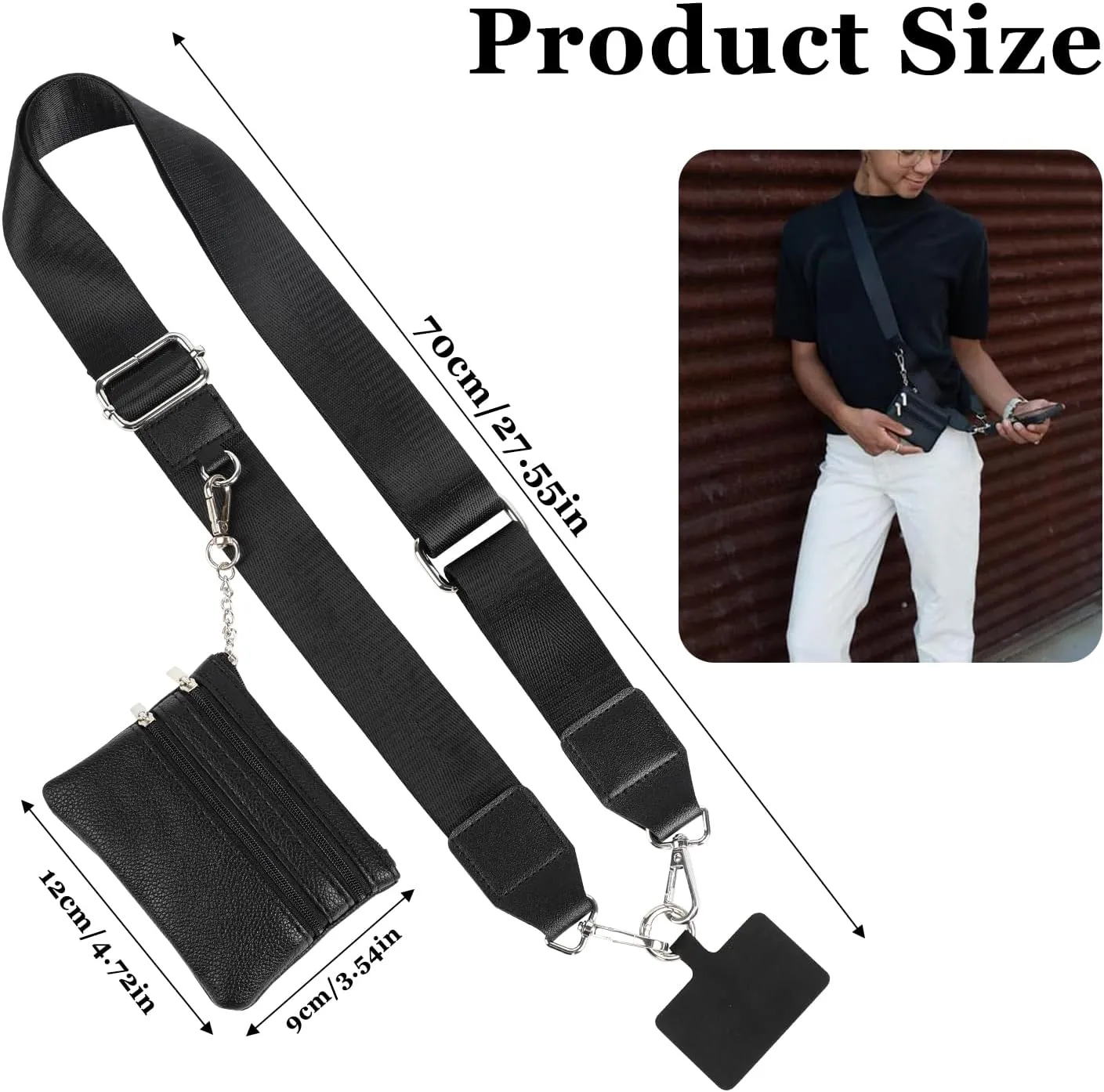 Clip and Go Strap for Phone with Wallet Crossbody,Adjustable Phone Strap with Zippered Pouch, Cross Body Phone String with Zipper Wallet Pouch (Black)