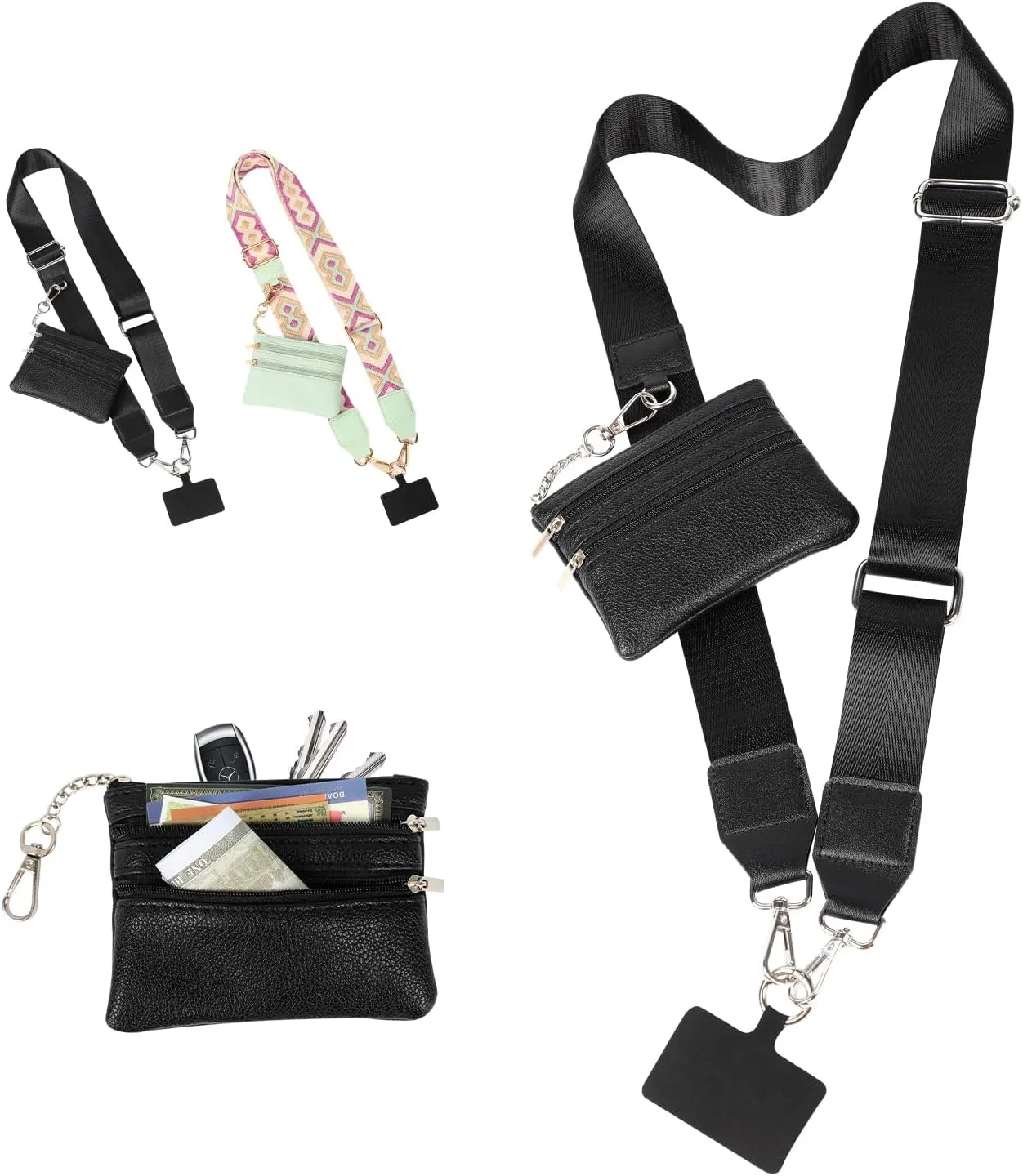 Clip and Go Strap for Phone with Wallet Crossbody,Adjustable Phone Strap with Zippered Pouch, Cross Body Phone String with Zipper Wallet Pouch (Black)