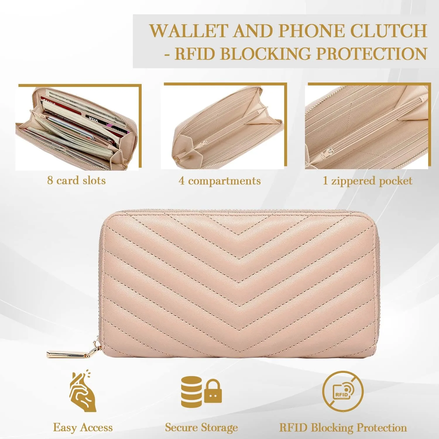 Daisy Rose Womens Zip-Around Wallet & Phone Clutch with RFID Blocking, PU Vegan Leather (Beige)