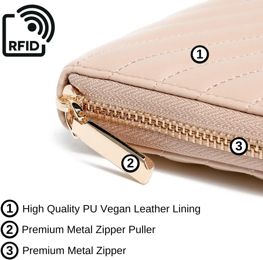 Daisy Rose Womens Zip-Around Wallet & Phone Clutch with RFID Blocking, PU Vegan Leather (Beige)