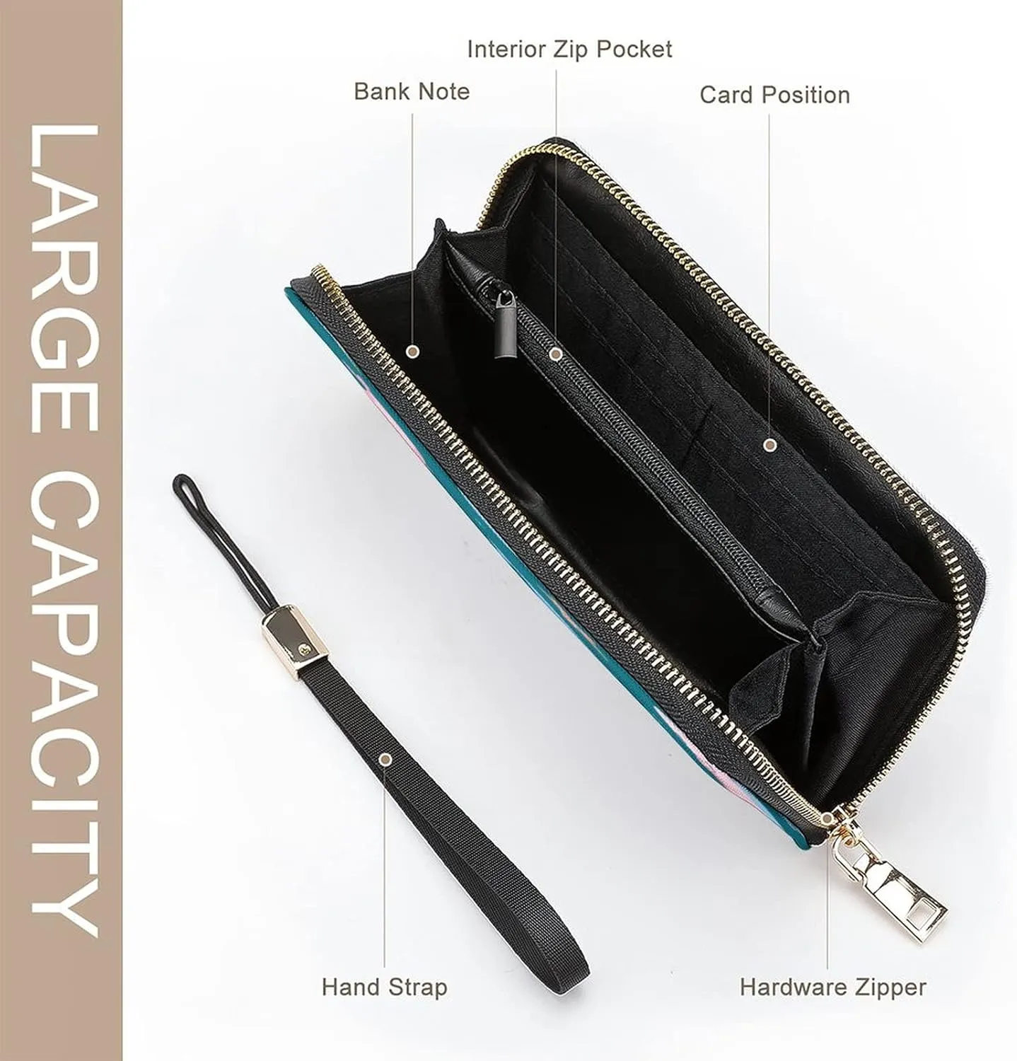 Donnapink Long Clutch Wallet, Long Handbag with Wristlet Strap, PU Leather Zip Purse