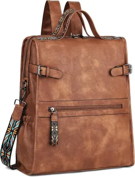 FADEON Leather Laptop Backpack for Women, Designer Ladies Work Travel Computer Backpack with Laptop Compartment Purse Brown