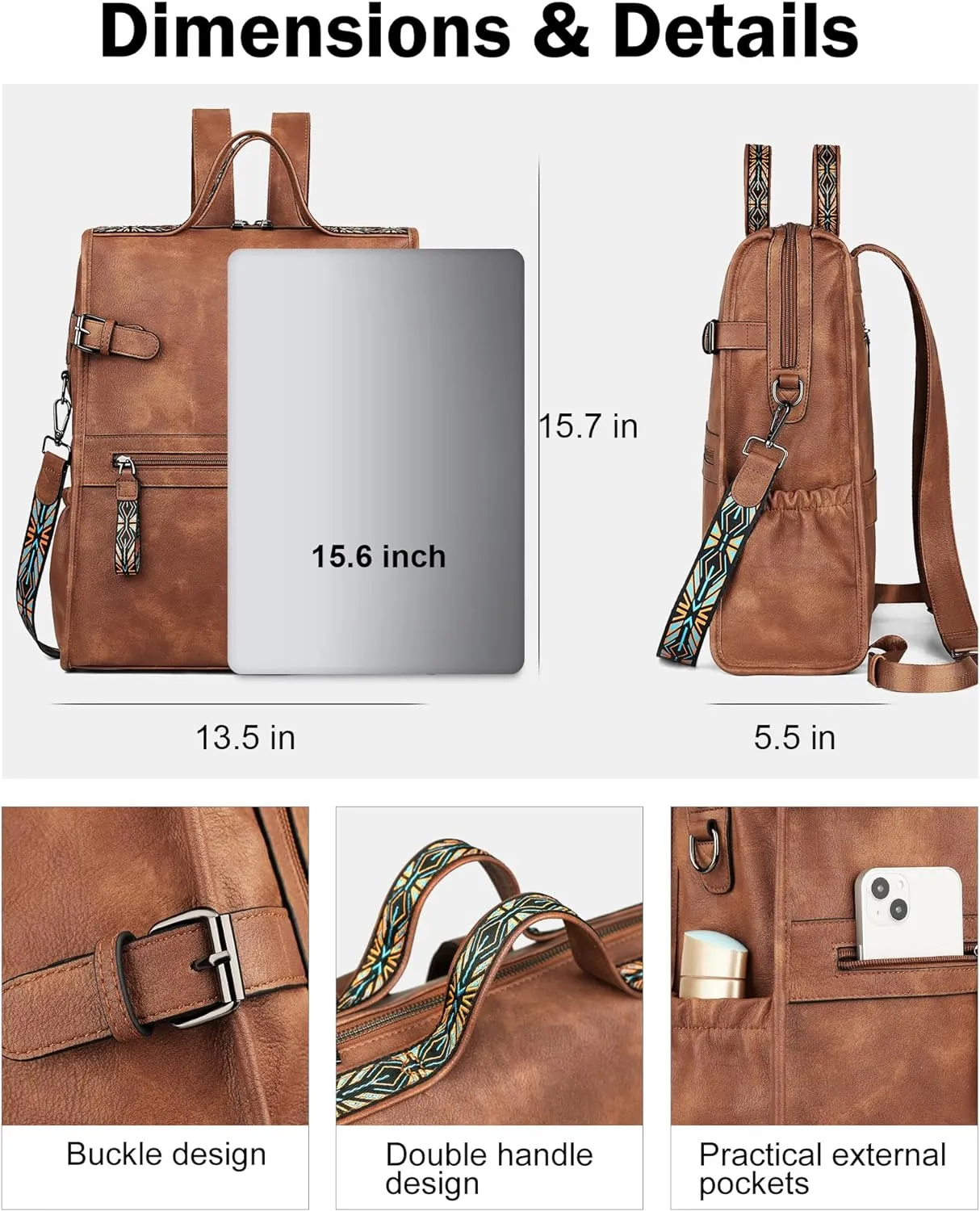 FADEON Leather Laptop Backpack for Women, Designer Ladies Work Travel Computer Backpack with Laptop Compartment Purse Brown