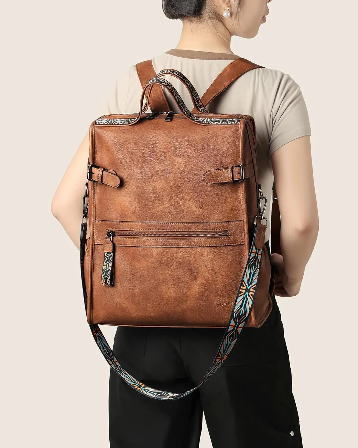 FADEON Leather Laptop Backpack for Women, Designer Ladies Work Travel Computer Backpack with Laptop Compartment Purse Brown