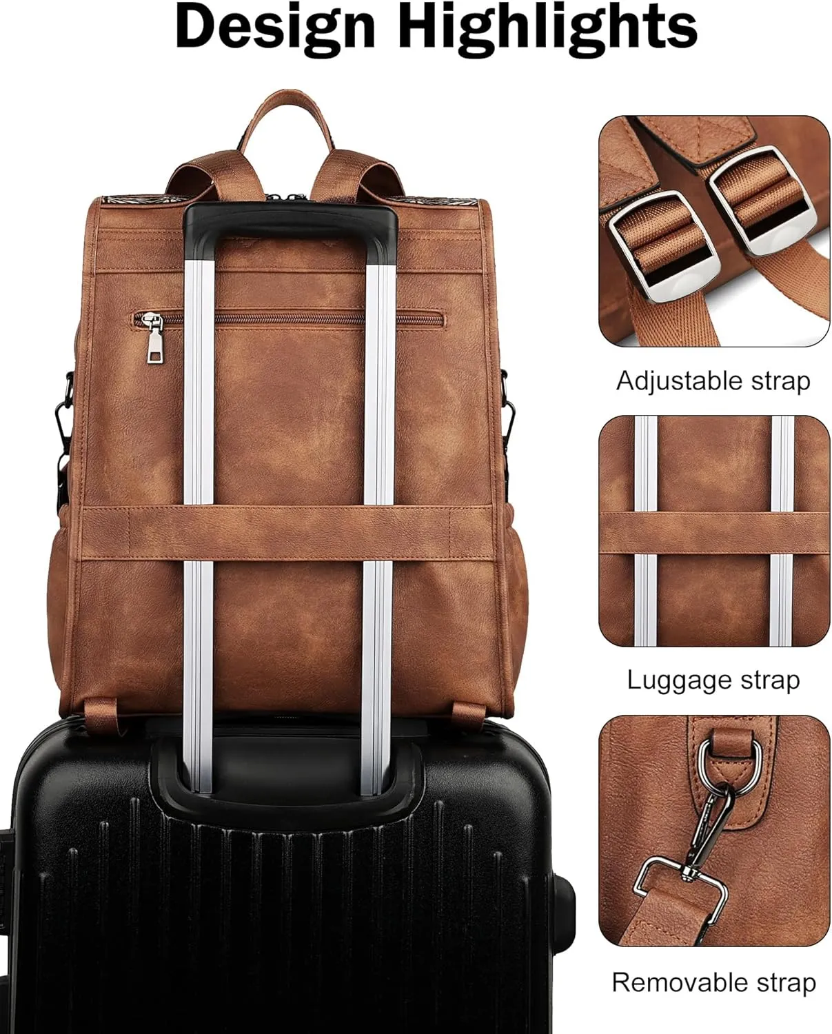 FADEON Leather Laptop Backpack for Women, Designer Ladies Work Travel Computer Backpack with Laptop Compartment Purse Brown