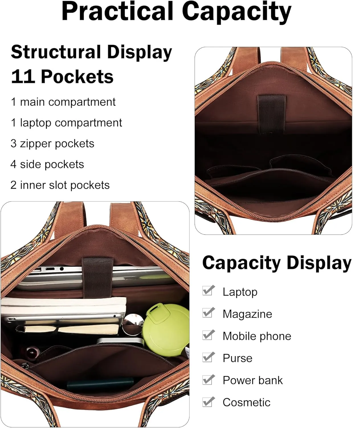 FADEON Leather Laptop Backpack for Women, Designer Ladies Work Travel Computer Backpack with Laptop Compartment Purse Brown