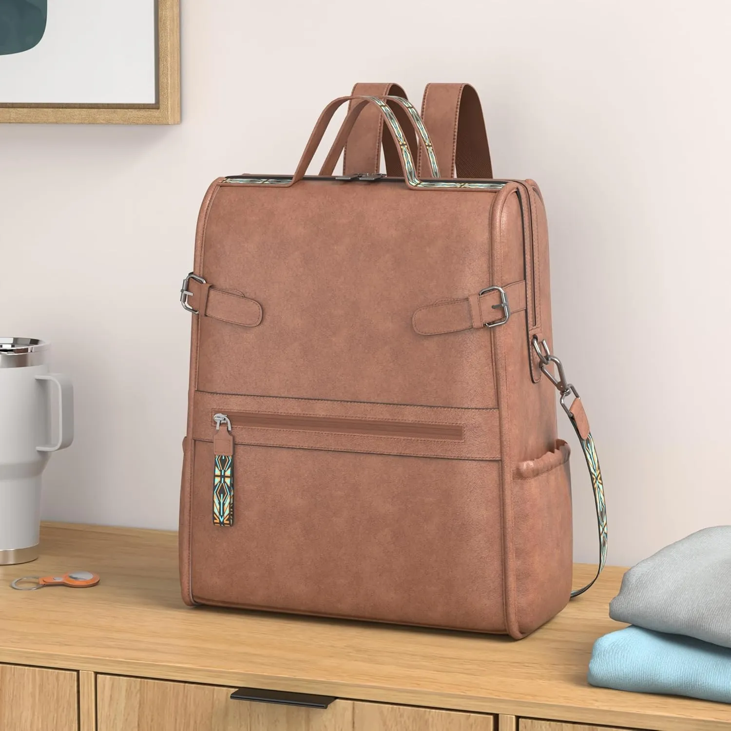 FADEON Leather Laptop Backpack for Women, Designer Ladies Work Travel Computer Backpack with Laptop Compartment Purse Brown