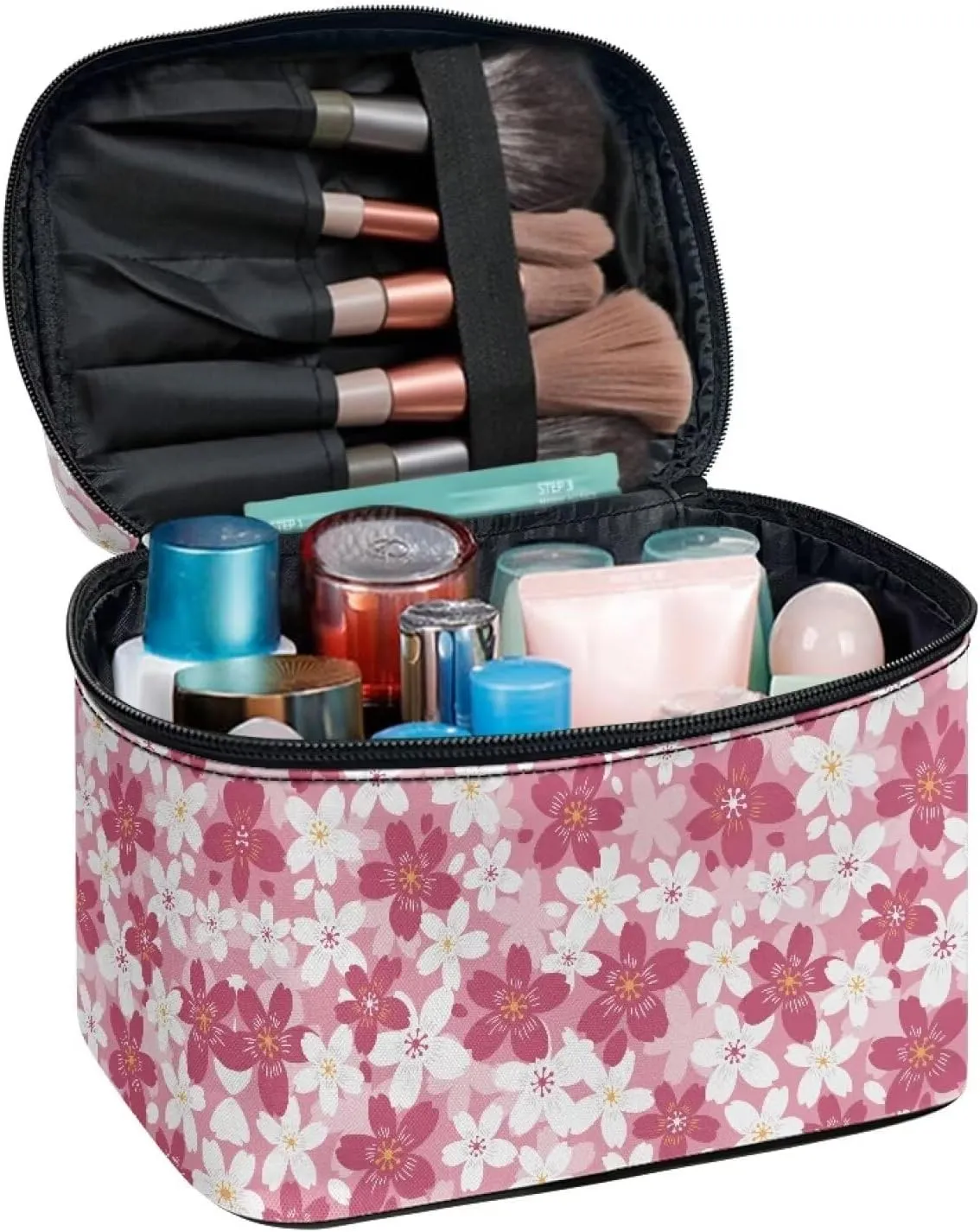 Flashideas Cherry Blossom Makeup Bag Portable Cosmetic Bag Large Capacity Travel Toiletry Bag Double Zippers for Cosmetics Vertical Storage Multifunctional Makeup