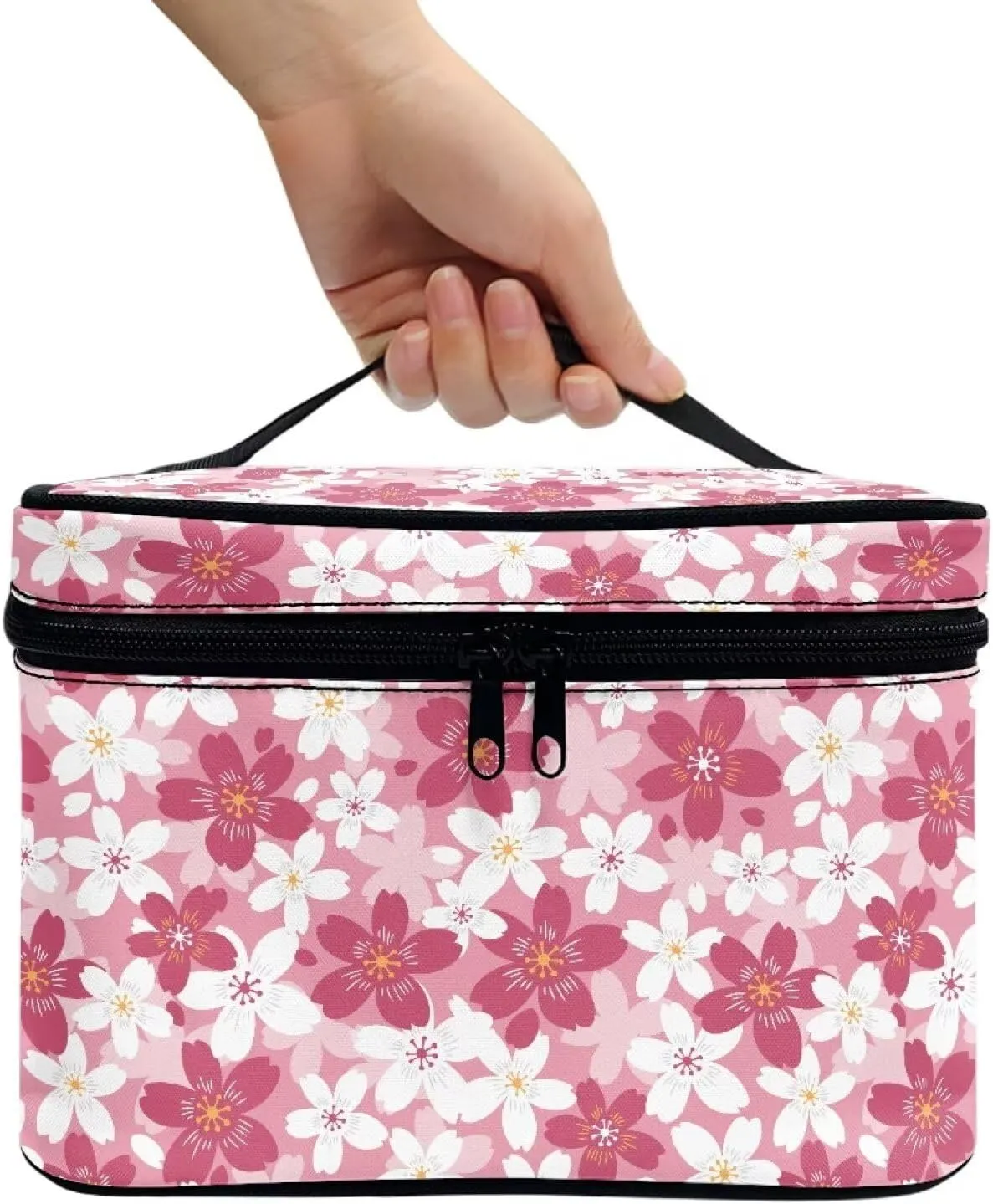 Flashideas Cherry Blossom Makeup Bag Portable Cosmetic Bag Large Capacity Travel Toiletry Bag Double Zippers for Cosmetics Vertical Storage Multifunctional Makeup