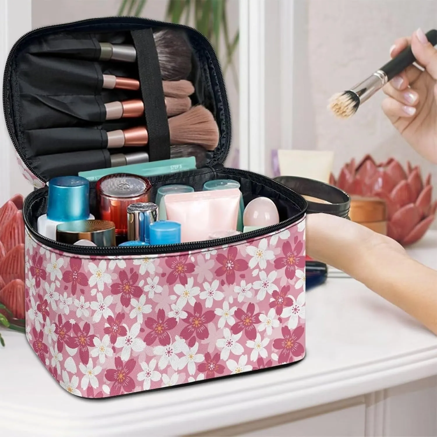 Flashideas Cherry Blossom Makeup Bag Portable Cosmetic Bag Large Capacity Travel Toiletry Bag Double Zippers for Cosmetics Vertical Storage Multifunctional Makeup