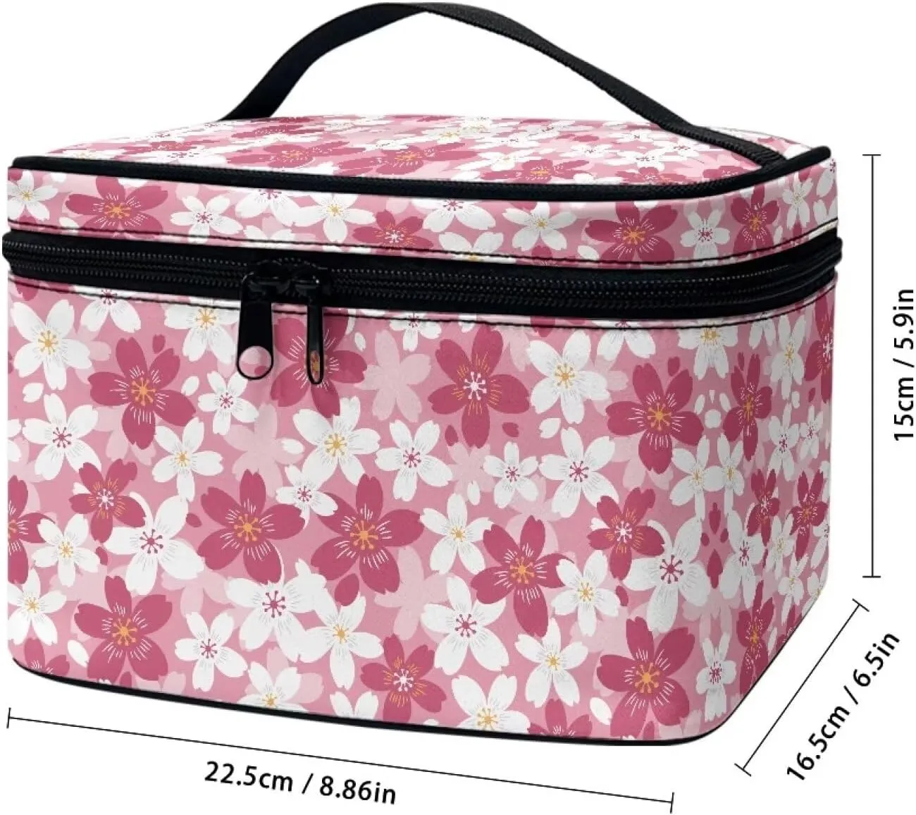 Flashideas Cherry Blossom Makeup Bag Portable Cosmetic Bag Large Capacity Travel Toiletry Bag Double Zippers for Cosmetics Vertical Storage Multifunctional Makeup