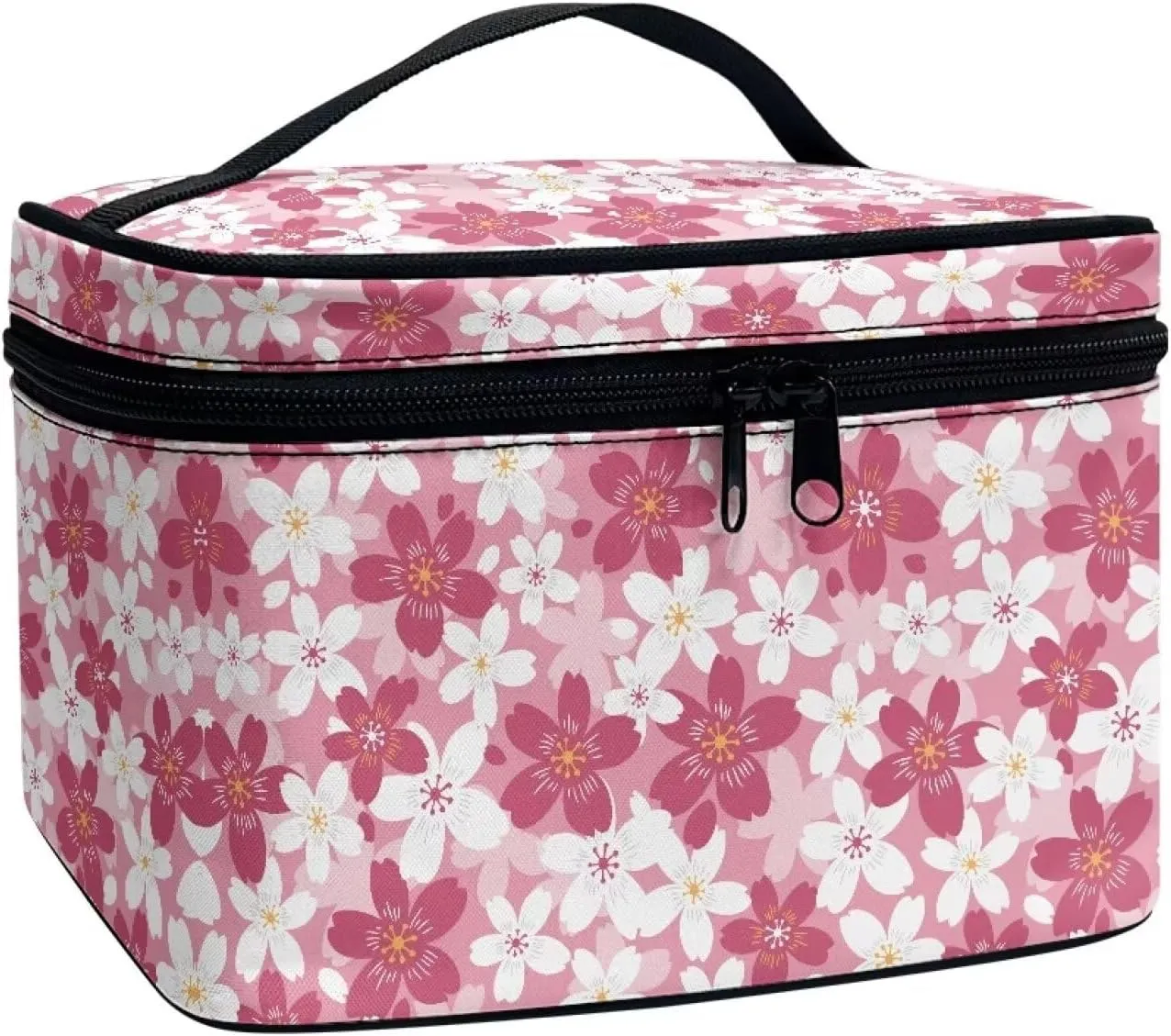 Flashideas Cherry Blossom Makeup Bag Portable Cosmetic Bag Large Capacity Travel Toiletry Bag Double Zippers for Cosmetics Vertical Storage Multifunctional Makeup