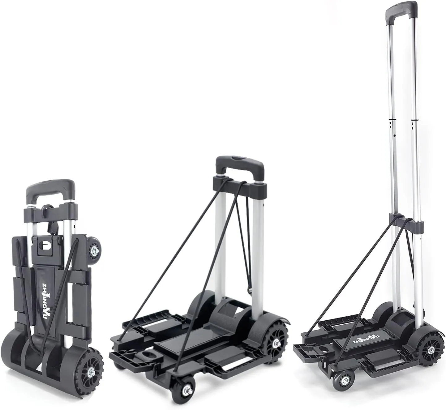 Folding Hand Truck Trolley,Utility cart with 4 Wheels & 2 Elastic Ropes,Portable Backpack Trolley,Luggage cart,Dolly,Grocery cart,Travel,Moving,Shopping.Aluminum Pole,Black,Small