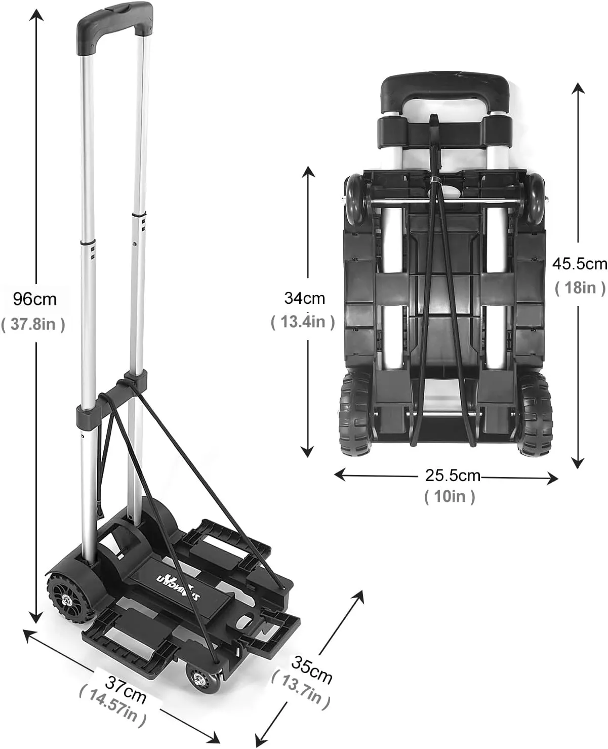 Folding Hand Truck Trolley,Utility cart with 4 Wheels & 2 Elastic Ropes,Portable Backpack Trolley,Luggage cart,Dolly,Grocery cart,Travel,Moving,Shopping.Aluminum Pole,Black,Small
