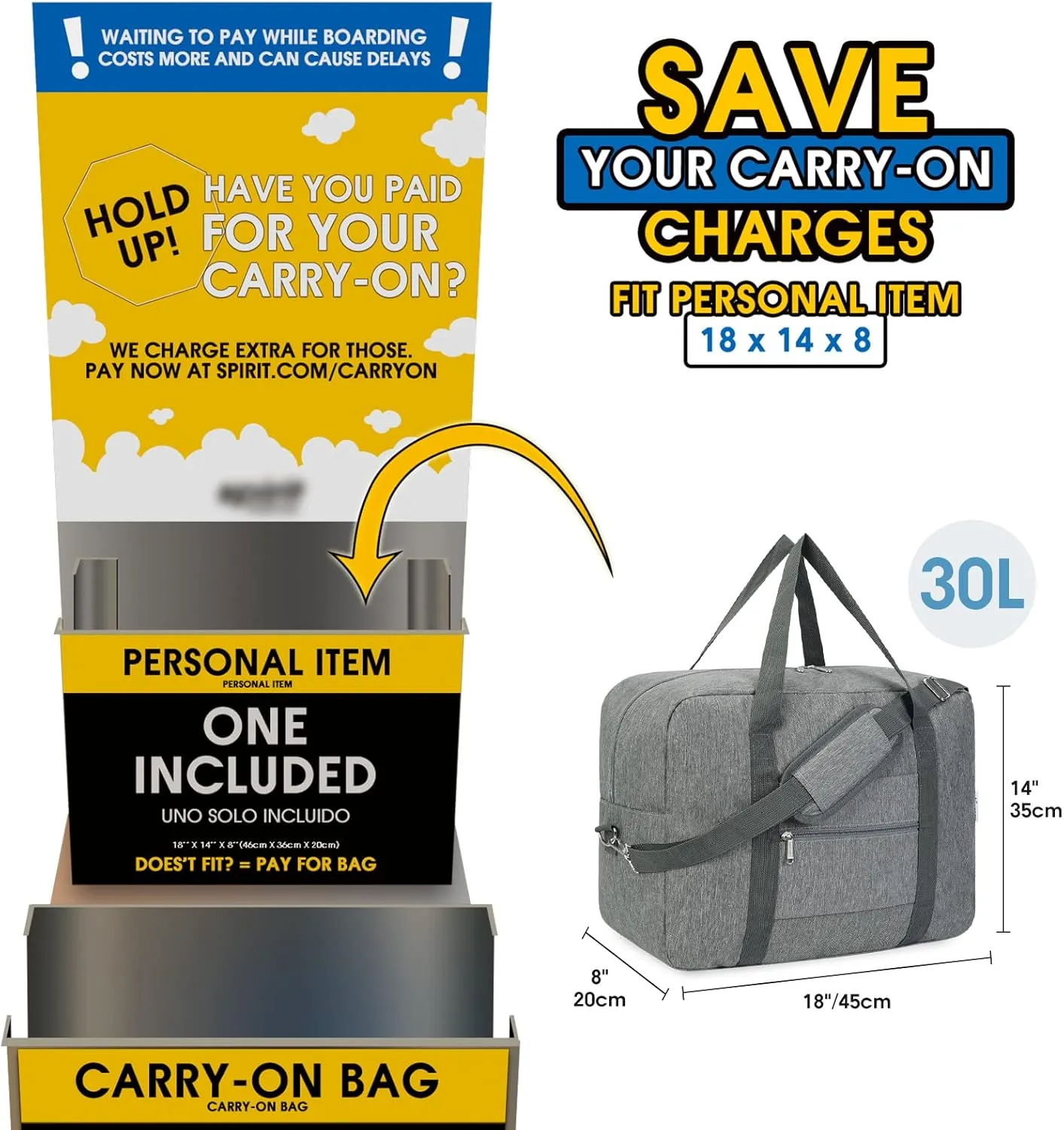 For Spirit Airlines Personal Item Bag 18x14x8 Foldable Travel Duffel Bag Tote Duffle Carry on Luggage for Women and Men 30L (Grey (With Shoulder Strap))