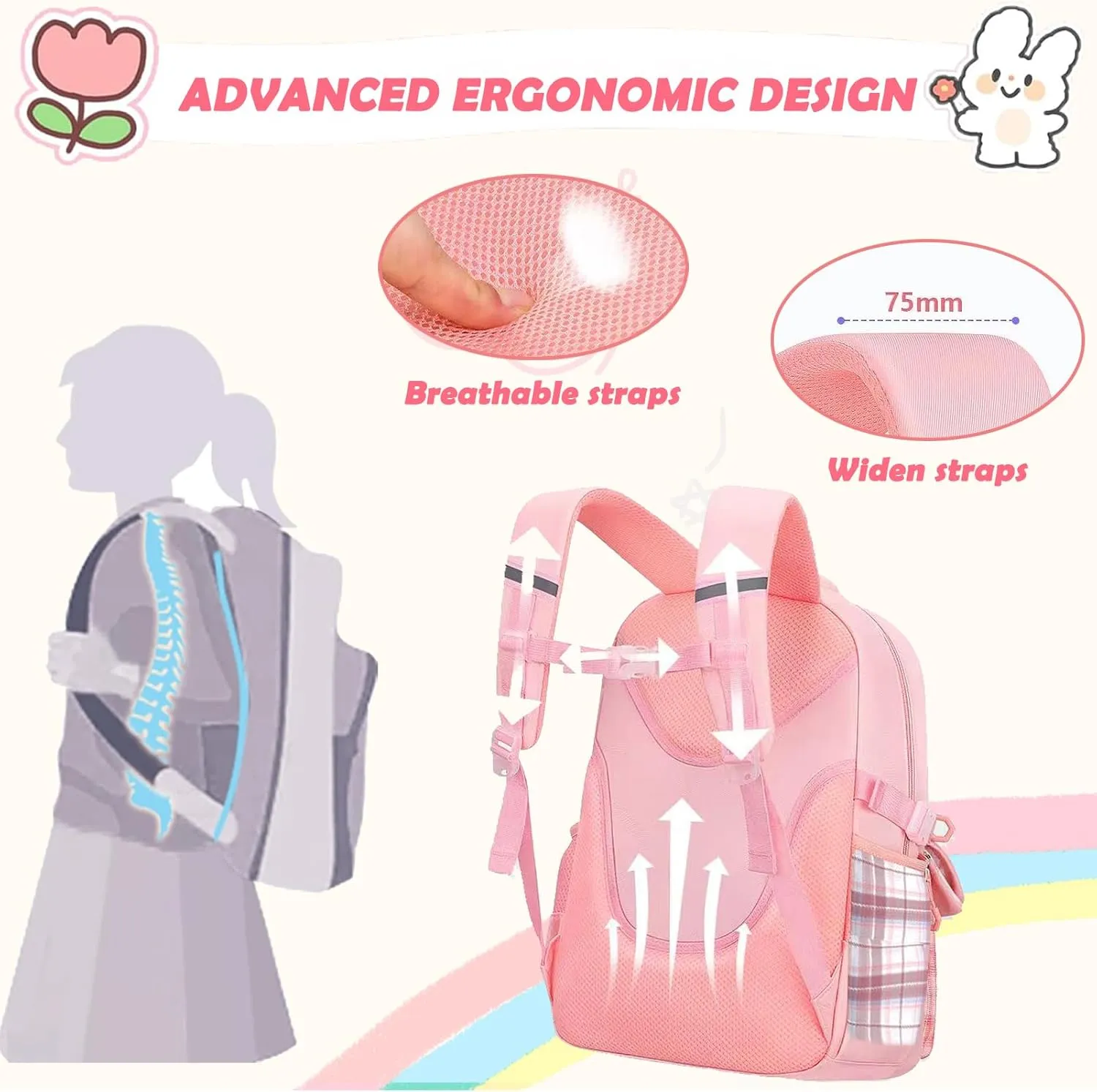 Girls BackpackCute School Backpack for Girls Kids TeensKawaii Bookbag for Primary ElementaryPink