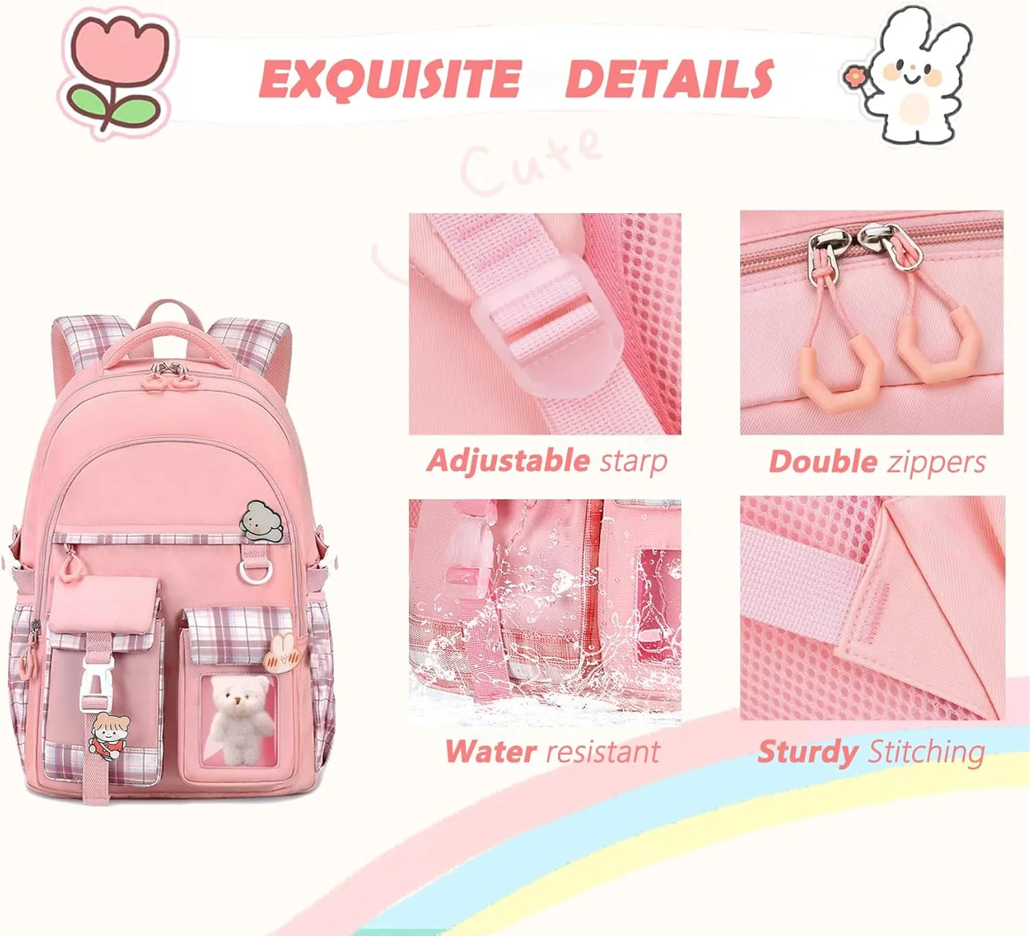 Girls BackpackCute School Backpack for Girls Kids TeensKawaii Bookbag for Primary ElementaryPink