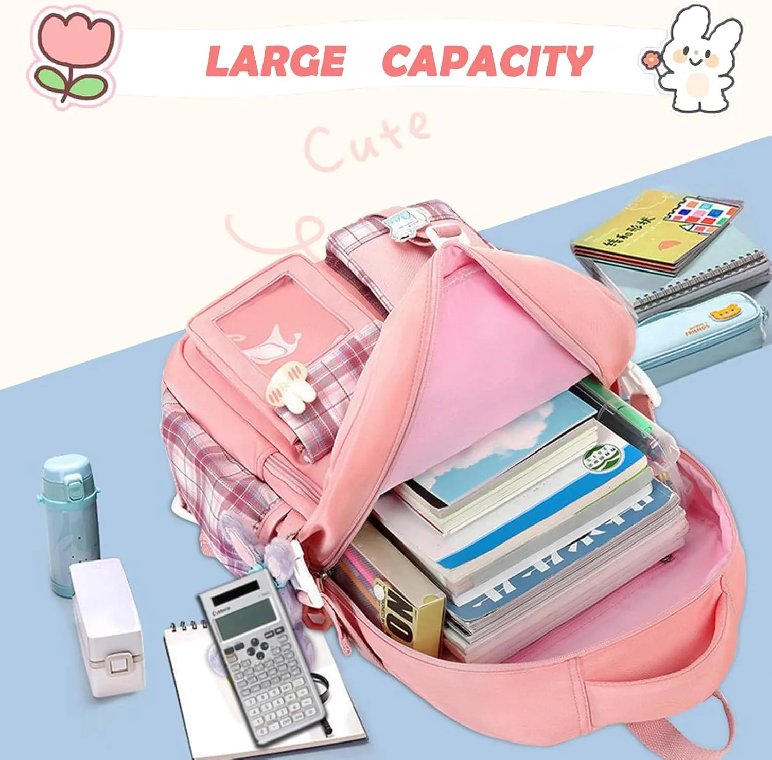 Girls BackpackCute School Backpack for Girls Kids TeensKawaii Bookbag for Primary ElementaryPink