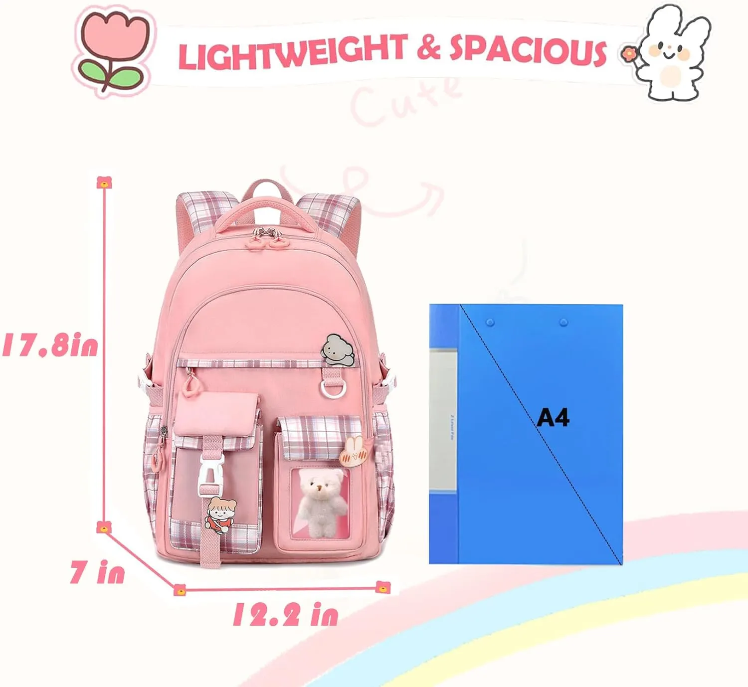 Girls BackpackCute School Backpack for Girls Kids TeensKawaii Bookbag for Primary ElementaryPink