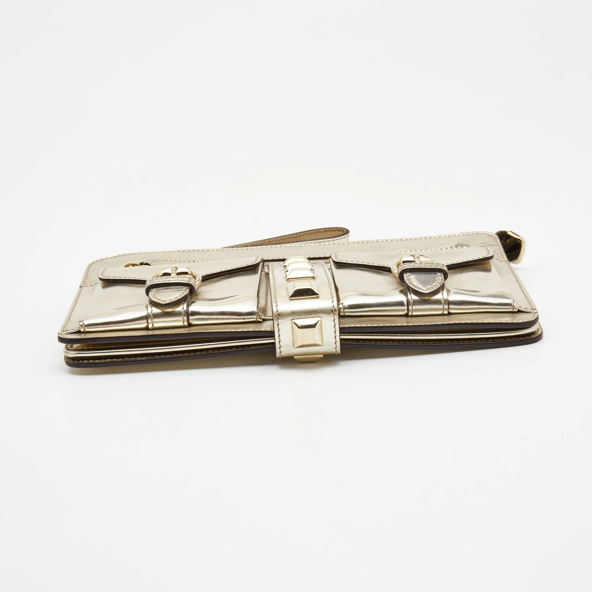 Gucci  Gold Laminate Leather Studded Evening Wristlet Clutch